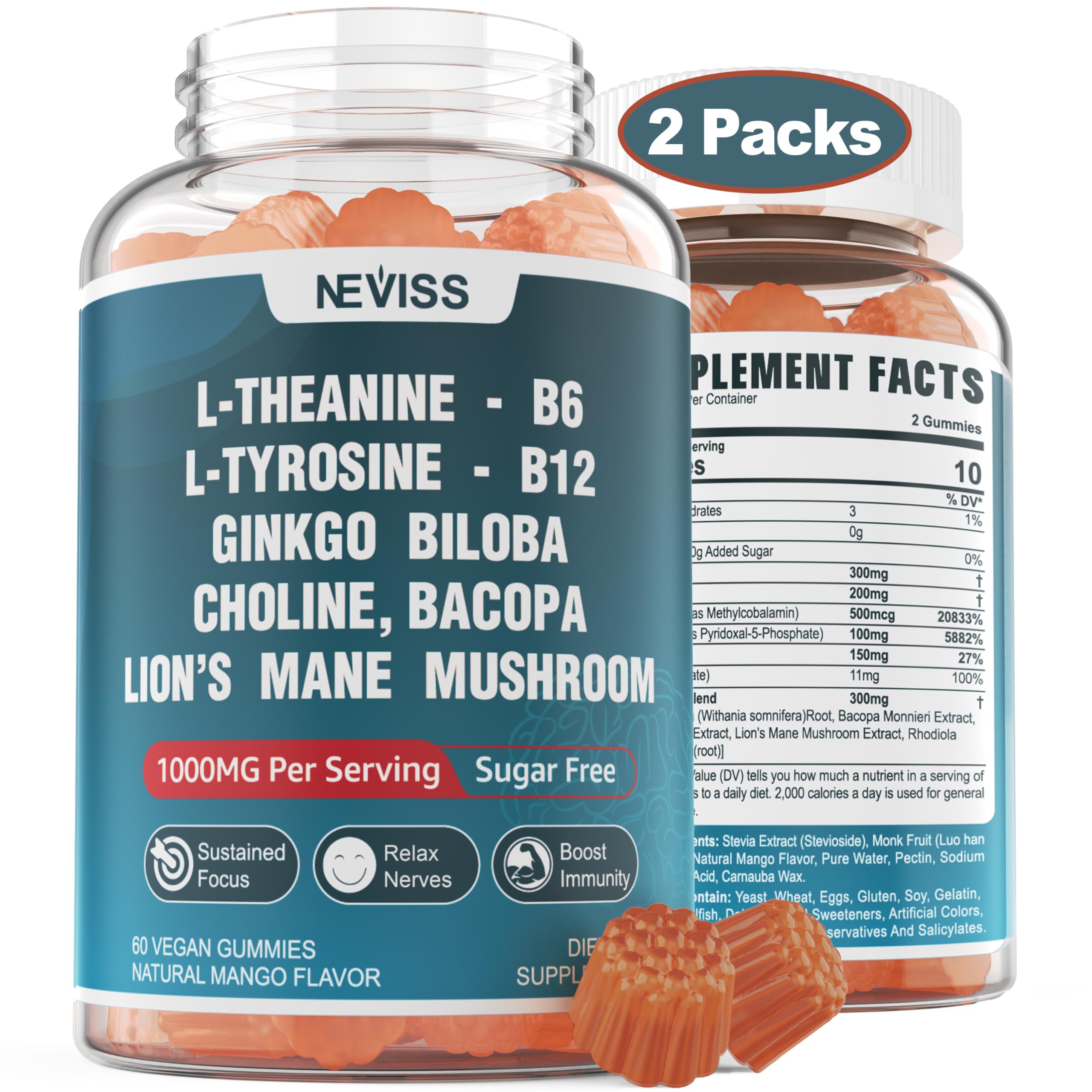 Suplemento Neviss L-tirosina sin Azúcar 300 Mg L-teanina 200 Mg - Venta Internacional