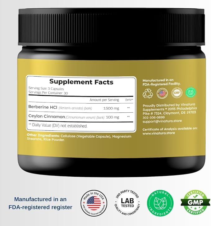 Foto 3 pulgar | Suplemento Vinatura Berberine 1500 Mg con Canela de Ceilán 90 Cápsulas - Venta Internacional