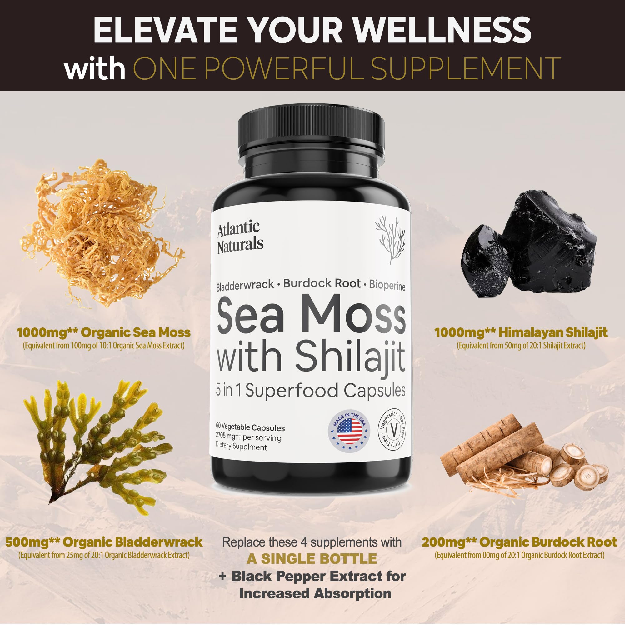 Foto 3 pulgar | Suplemento de Musgo Marino de Atlantic Naturals con Shilajit 5 en 1 60 Unidades - Venta Internacional