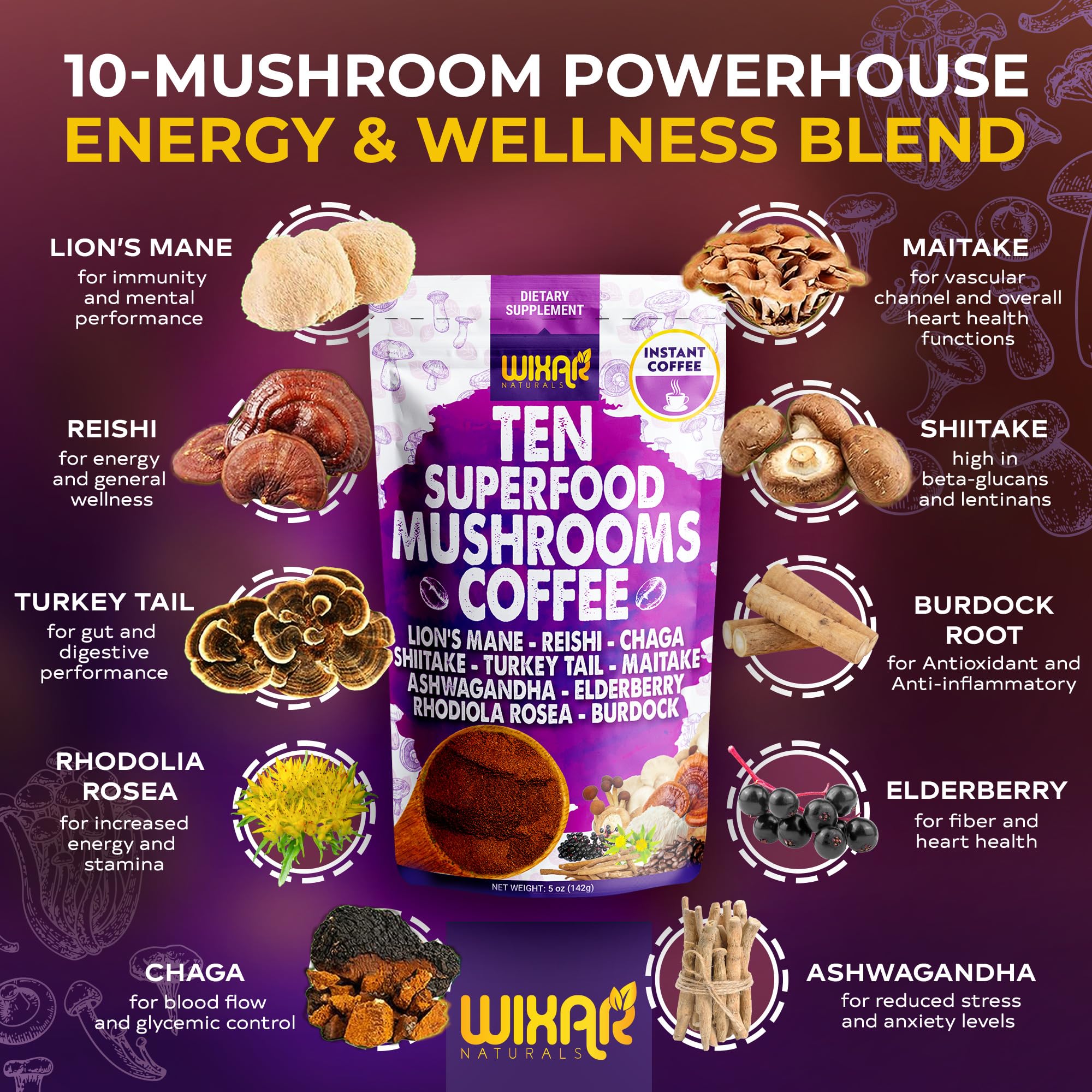 Foto 3 pulgar | Café con Hongos Wixar Superfood Instant Powder 150 Ml - Venta Internacional