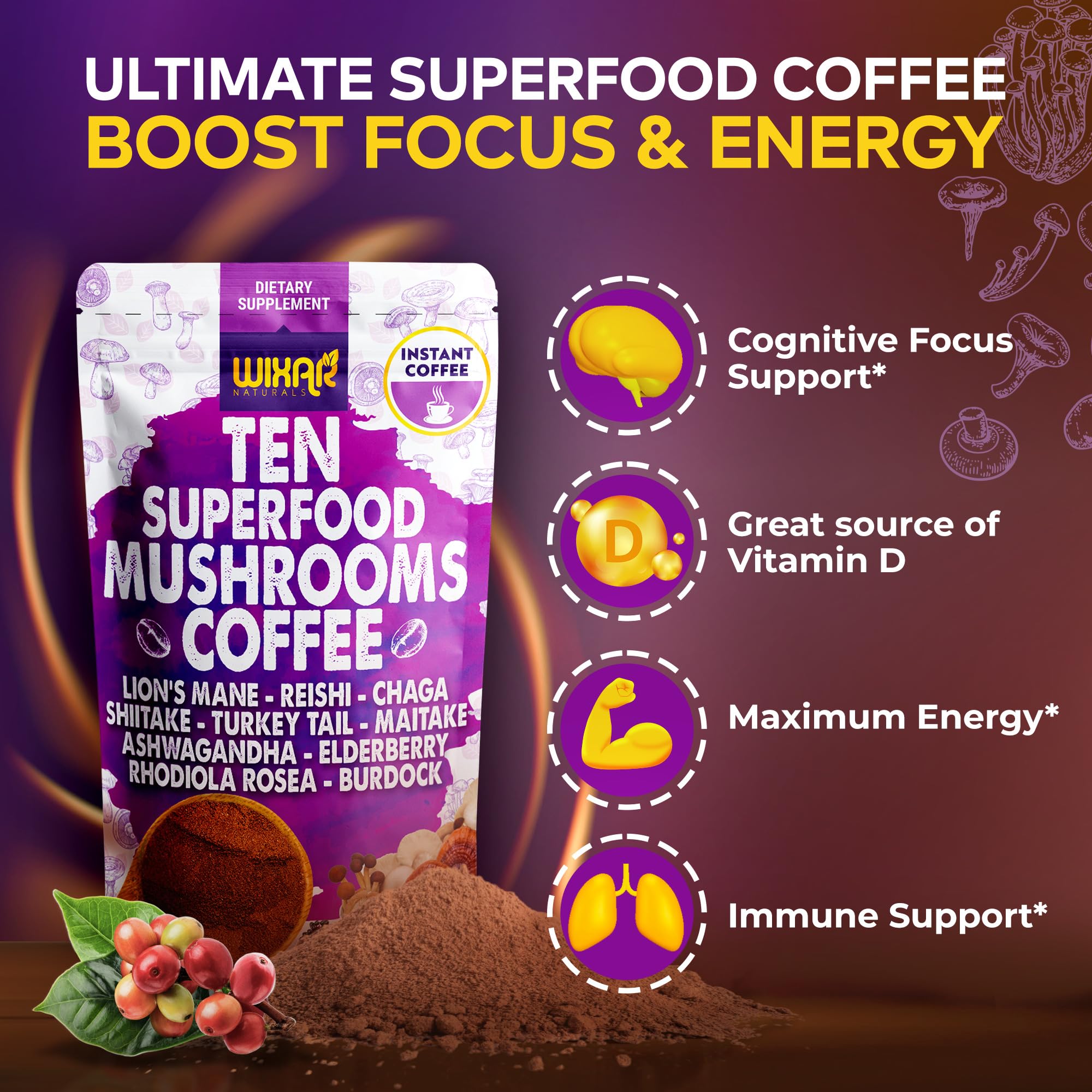 Foto 6 pulgar | Café con Hongos Wixar Superfood Instant Powder 150 Ml - Venta Internacional