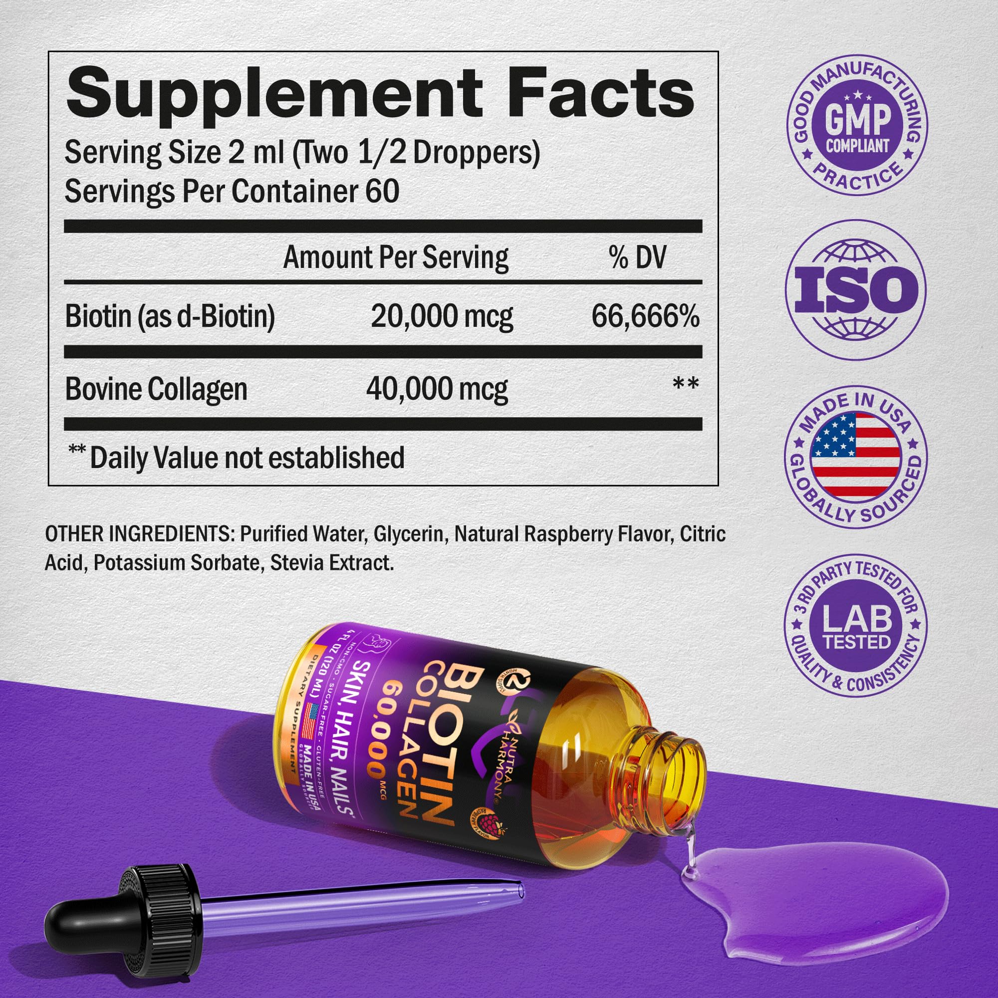 Foto 2 | Suplemento Nutraharmony de Biotina Líquida y Colágeno 60000 Mcg - Venta Internacional