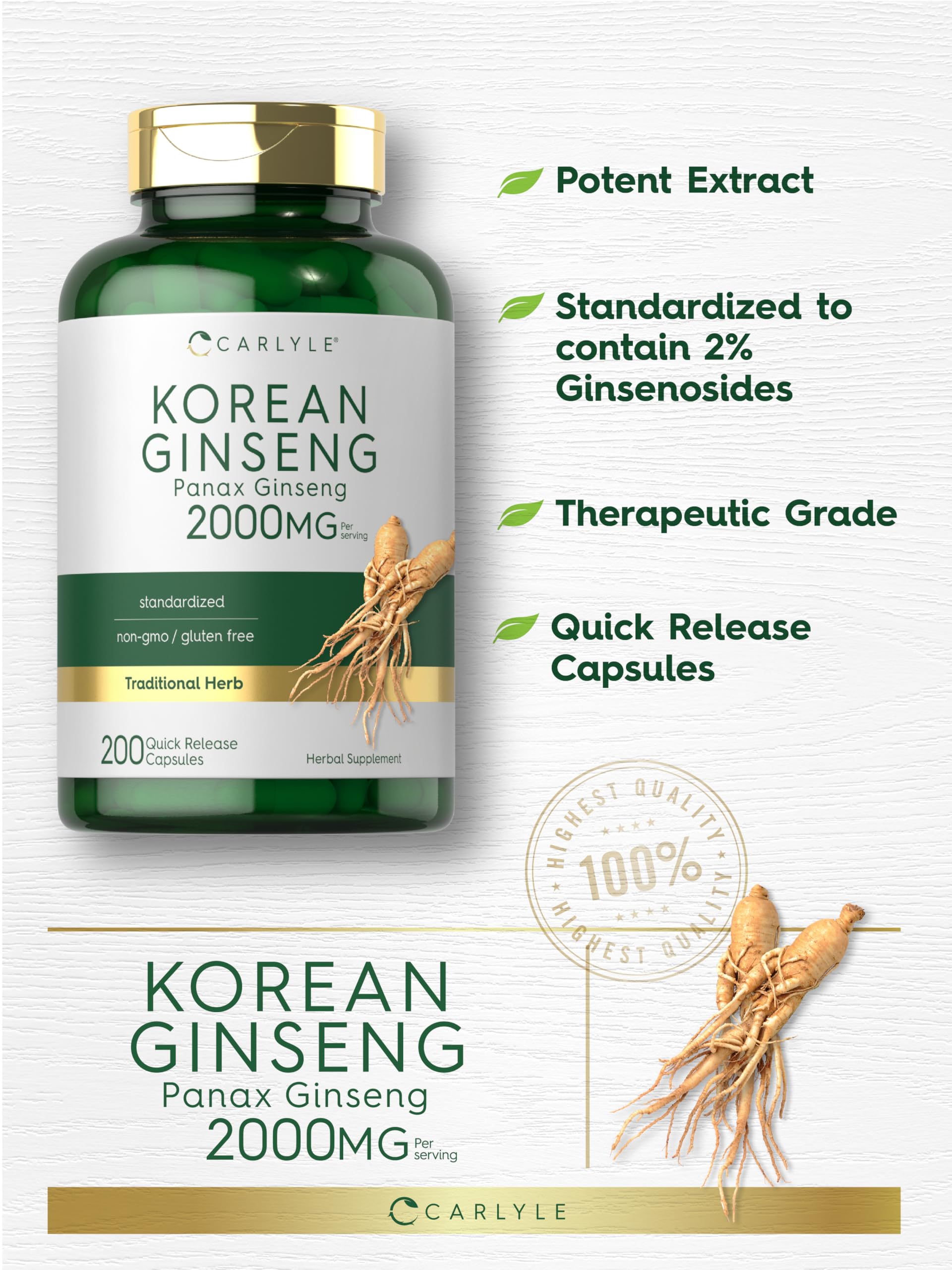 Foto 5 pulgar | Suplemento de Extracto de Ginseng Coreano Carlyle 2000 Mg 200 Cápsulas - Venta Internacional