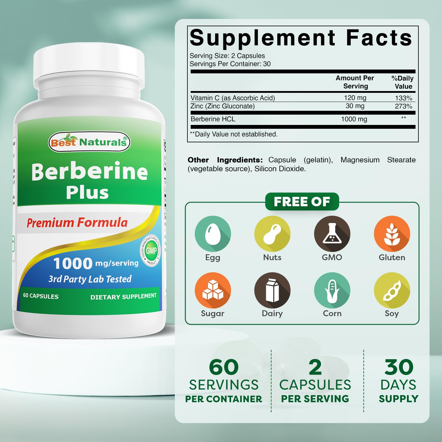Foto 3 pulgar | Suplemento Best Naturals Berberine Plus 1000 Mg 60 Cápsulas - Venta Internacional