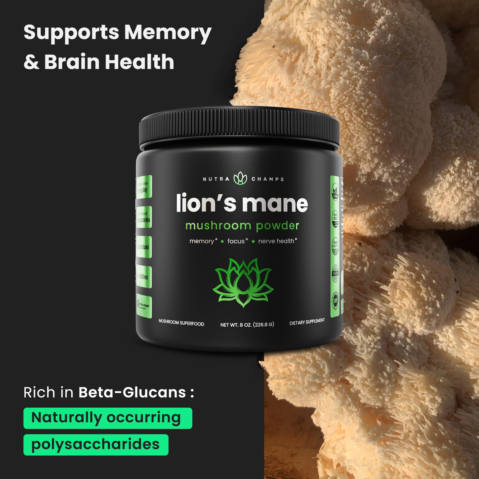 Foto 3 pulgar | Suplemento Nutrachamps Organic Lions Mane Powder 60 ml 2000 mg - Venta Internacional
