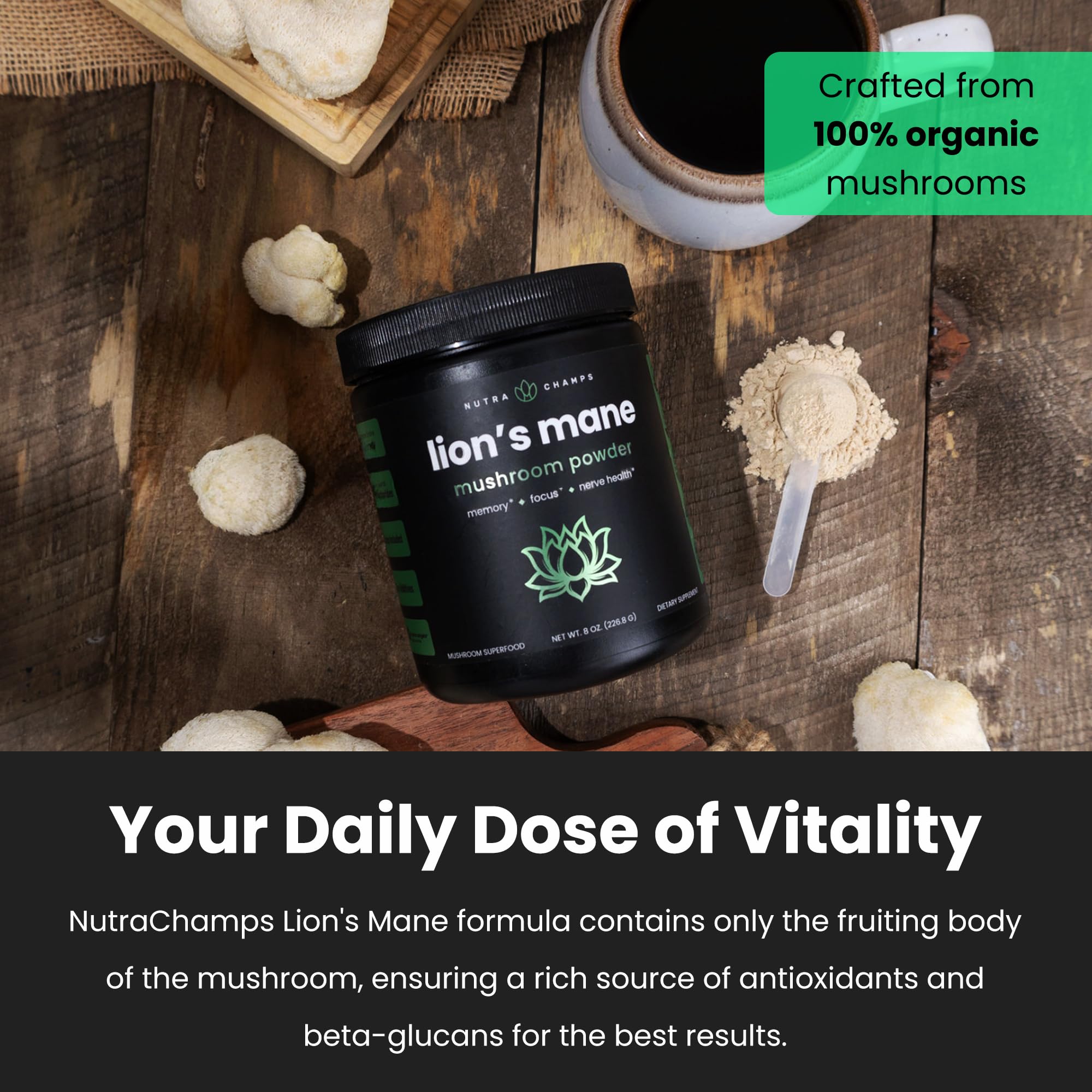 Foto 6 pulgar | Suplemento Nutrachamps Organic Lions Mane Powder 60 ml 2000 mg - Venta Internacional