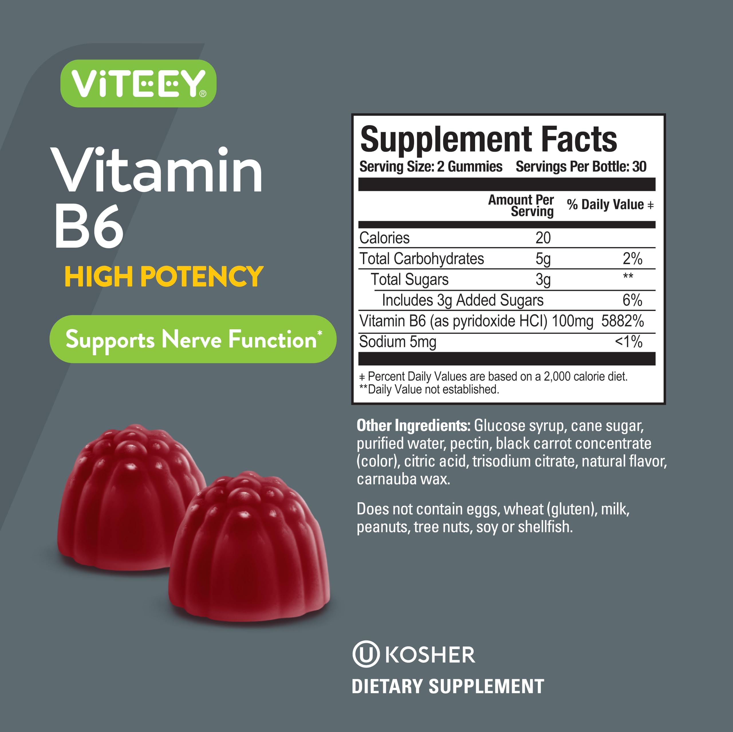Foto 5 pulgar | Gomitas de Vitamina B6 Viteey 100 Mg para Adultos y Adolescentes 120 Gomitas - Venta Internacional