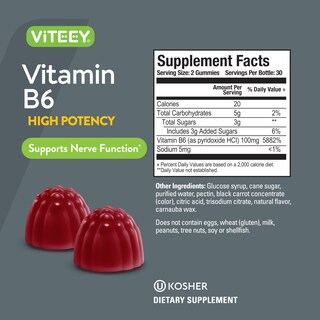 Foto 4 | Gomitas de Vitamina B6 Viteey 100 Mg para Adultos y Adolescentes 120 Gomitas - Venta Internacional
