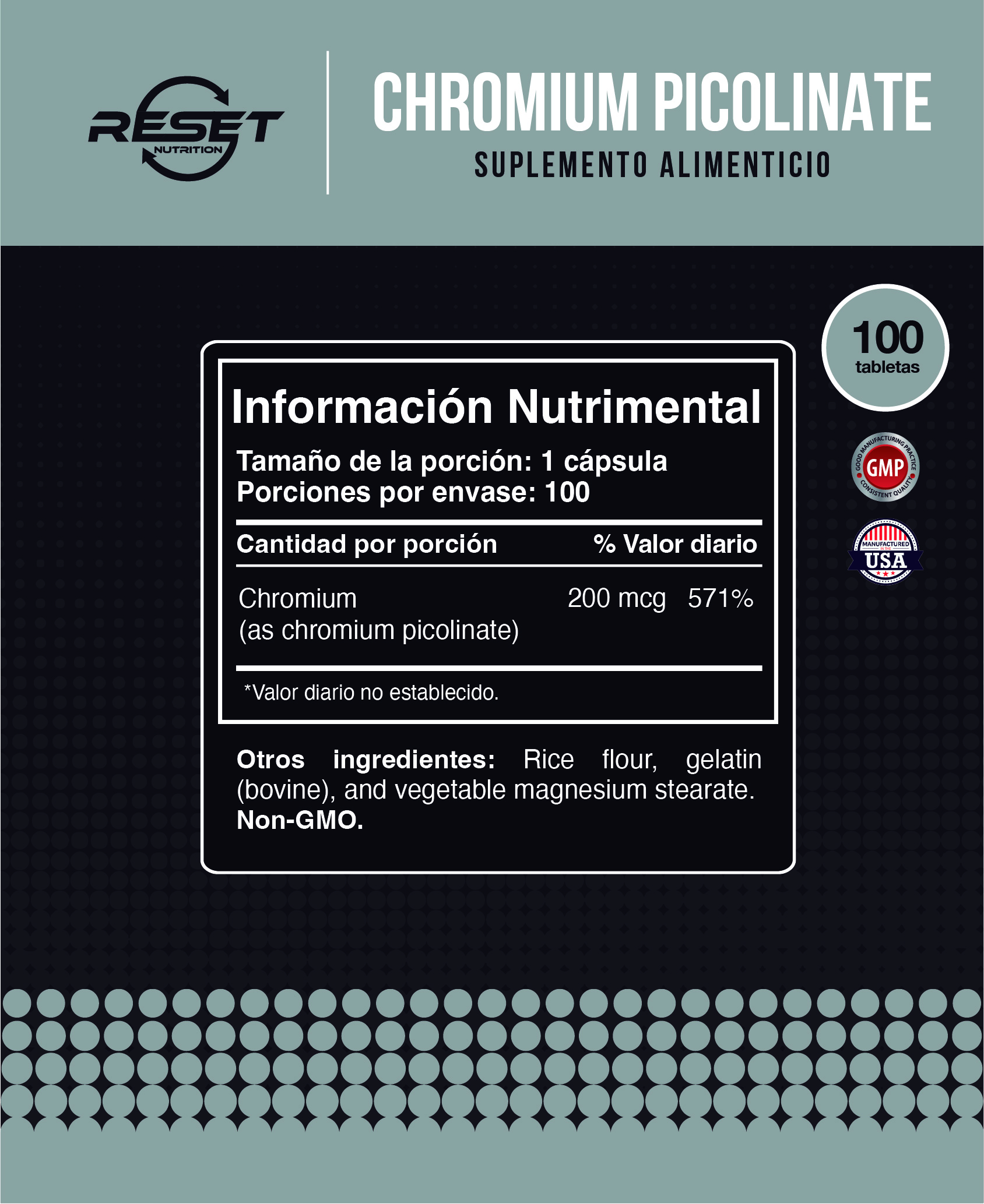 Foto 5 pulgar | Reset Nutrition | Chromium Picolinate | Control De Apetito |  Picolinato De Cromo | Hecho En Usa | 200 Mcg |100 Cápsu