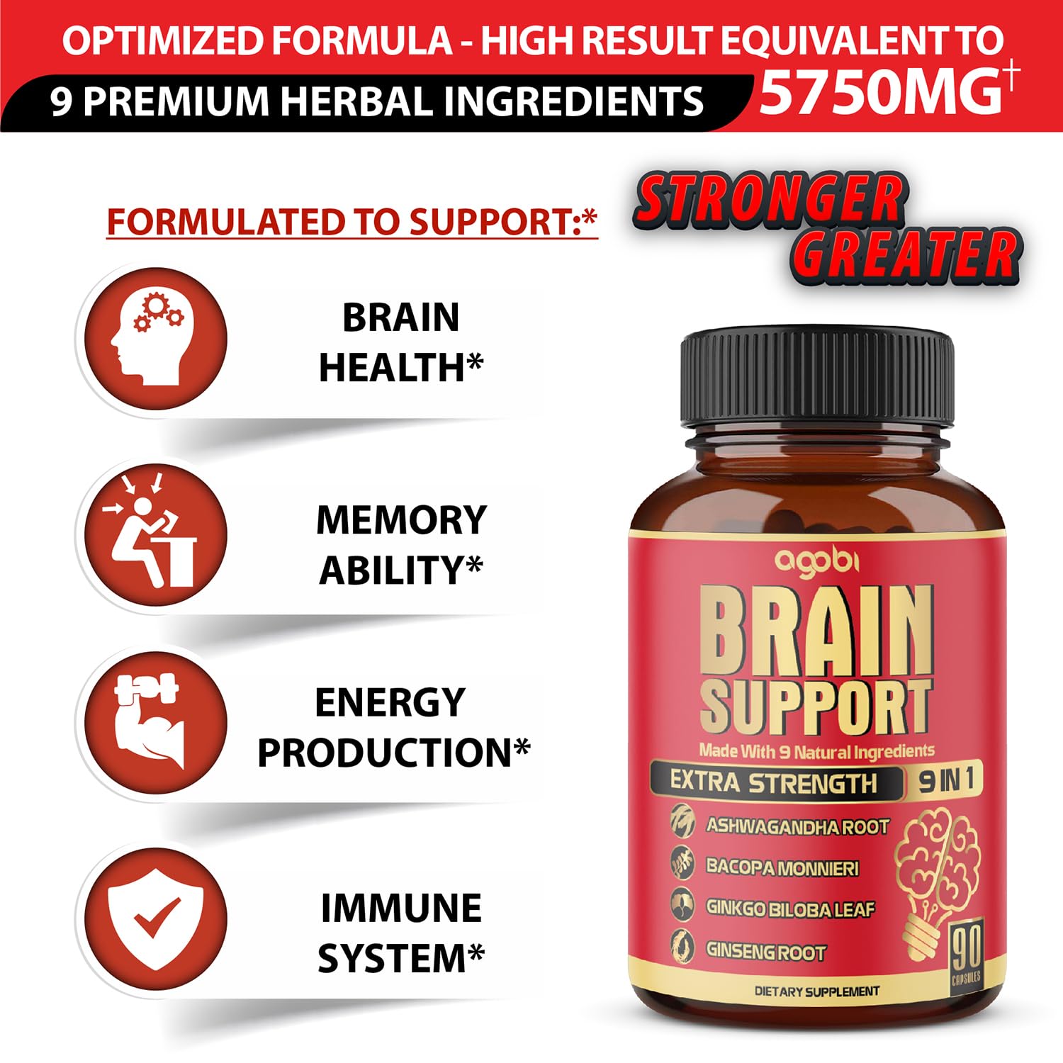 Foto 4 pulgar | Suplemento Agobi Brain Support 9 En 1 Con Ashwagandha 90 Cápsulas - Venta Internacional
