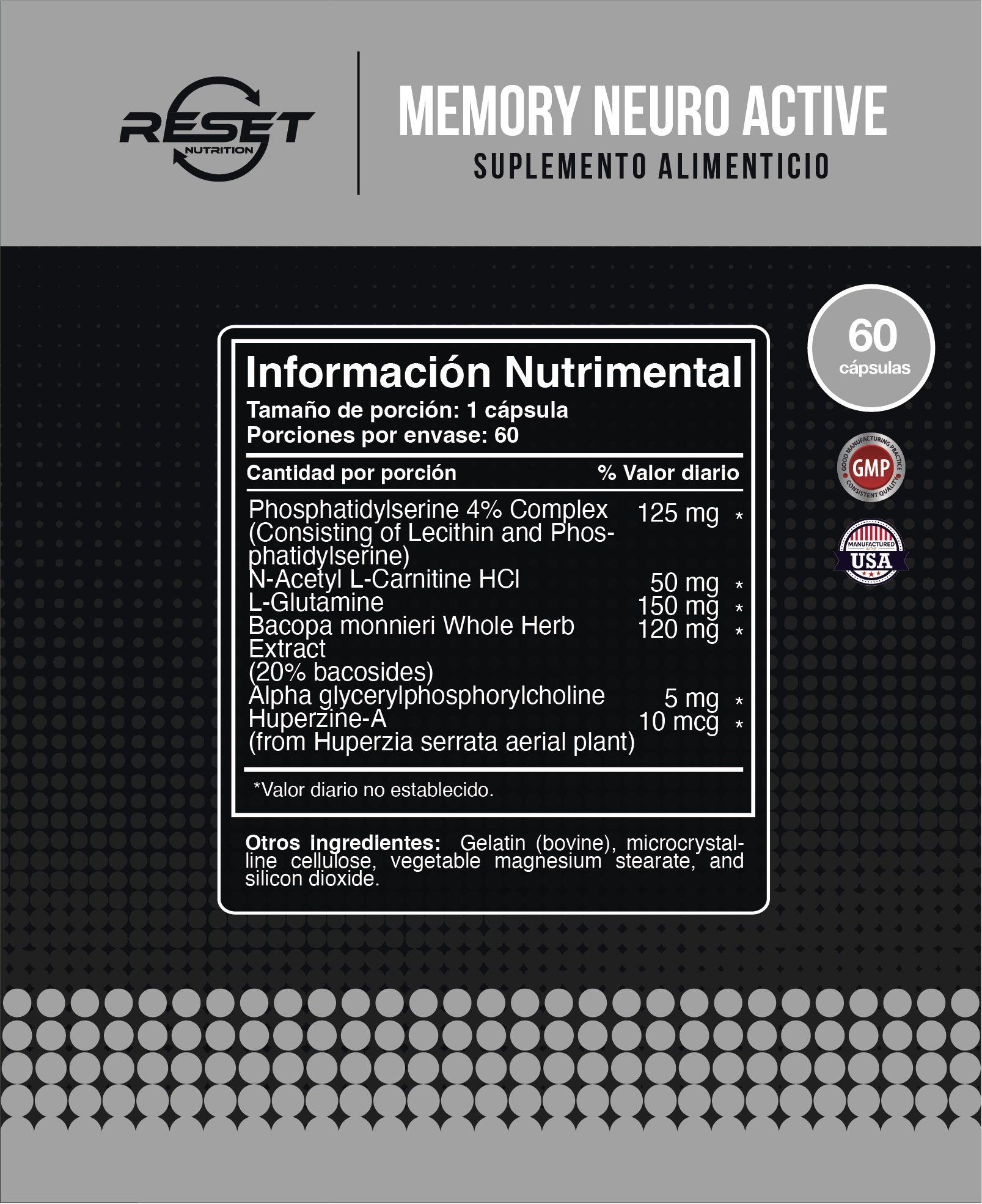 Foto 5 pulgar | Reset Nutrition | Memory Neuro Active  | Nootrópicos Natural | Concentración | Memoria | Hecho En Usa | 60 Cápsulas