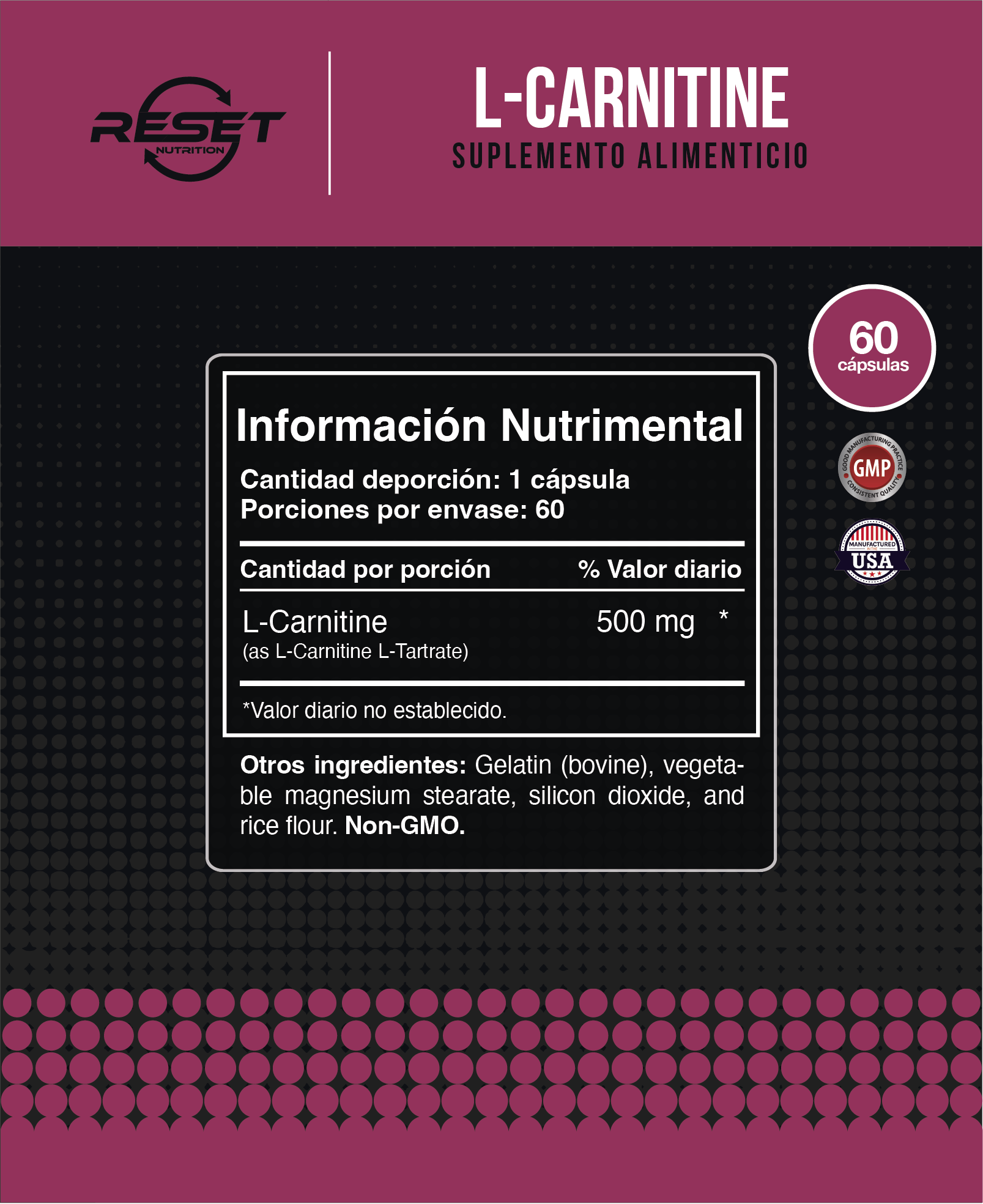 Foto 5 pulgar | Reset Nutrition | L-carnitine 500mg  | Fatiga Muscular | Para Hombres Y Mujeres | Hecho En Usa | 60 Cápsulas