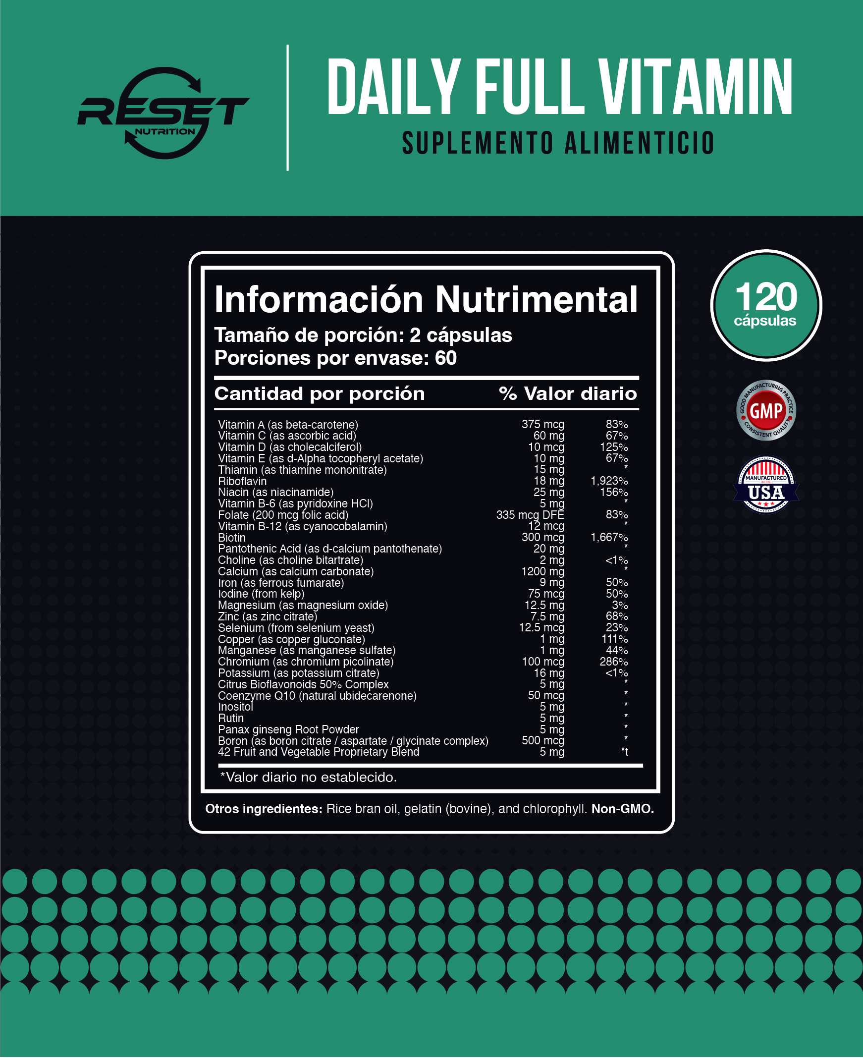 Foto 5 pulgar | Reset Nutrition | Daily Full Vitamin | Vitaminas Y Minerales | Multivitamínico |  Hecho En Usa | 120 Cápsulas