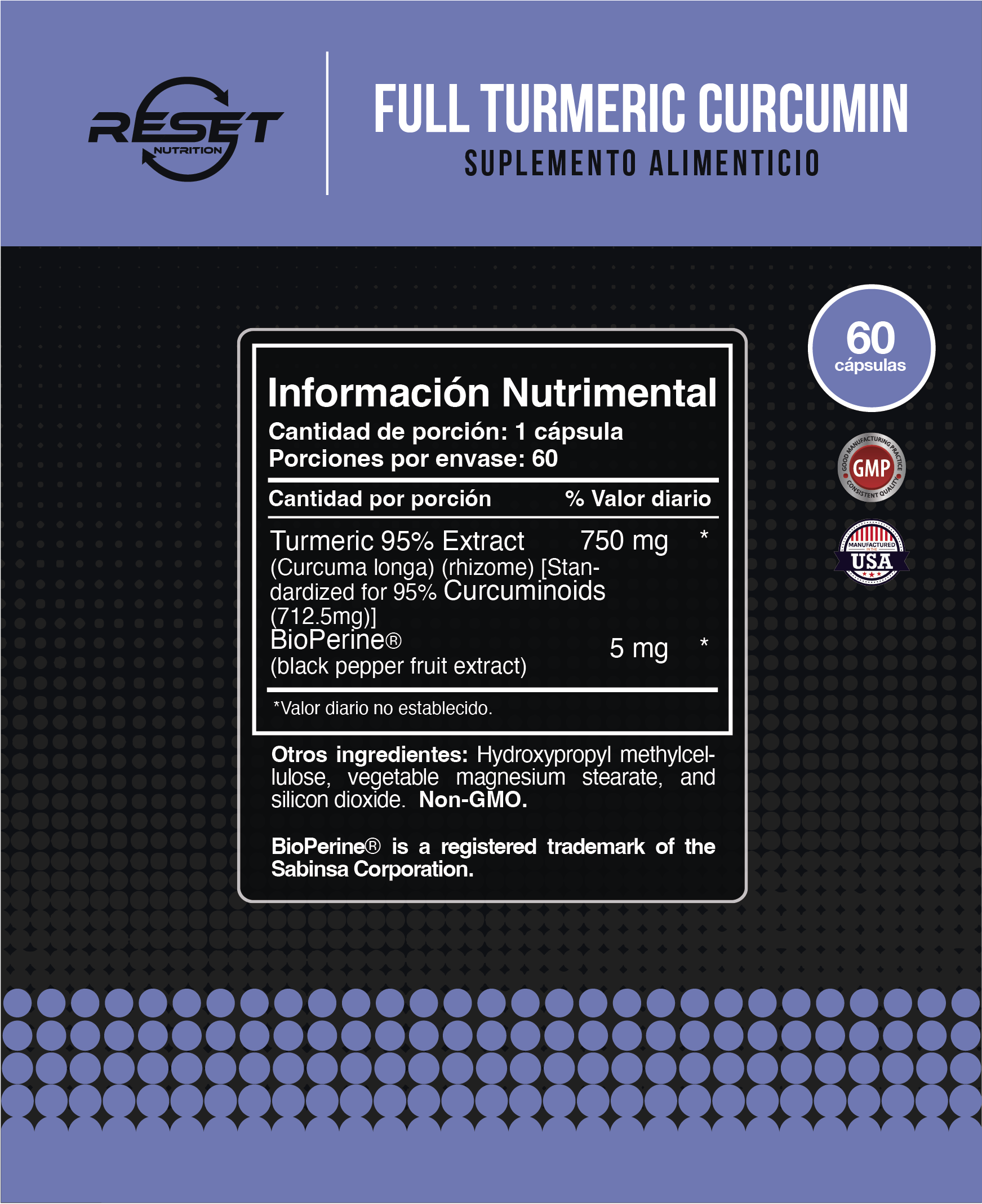 Foto 5 pulgar | Reset Nutrition | Full Turmeric Curcumin 750 Mg | Cúrcuma | Antiinflamatorio | Hecho En Usa | 60 Cápsulas