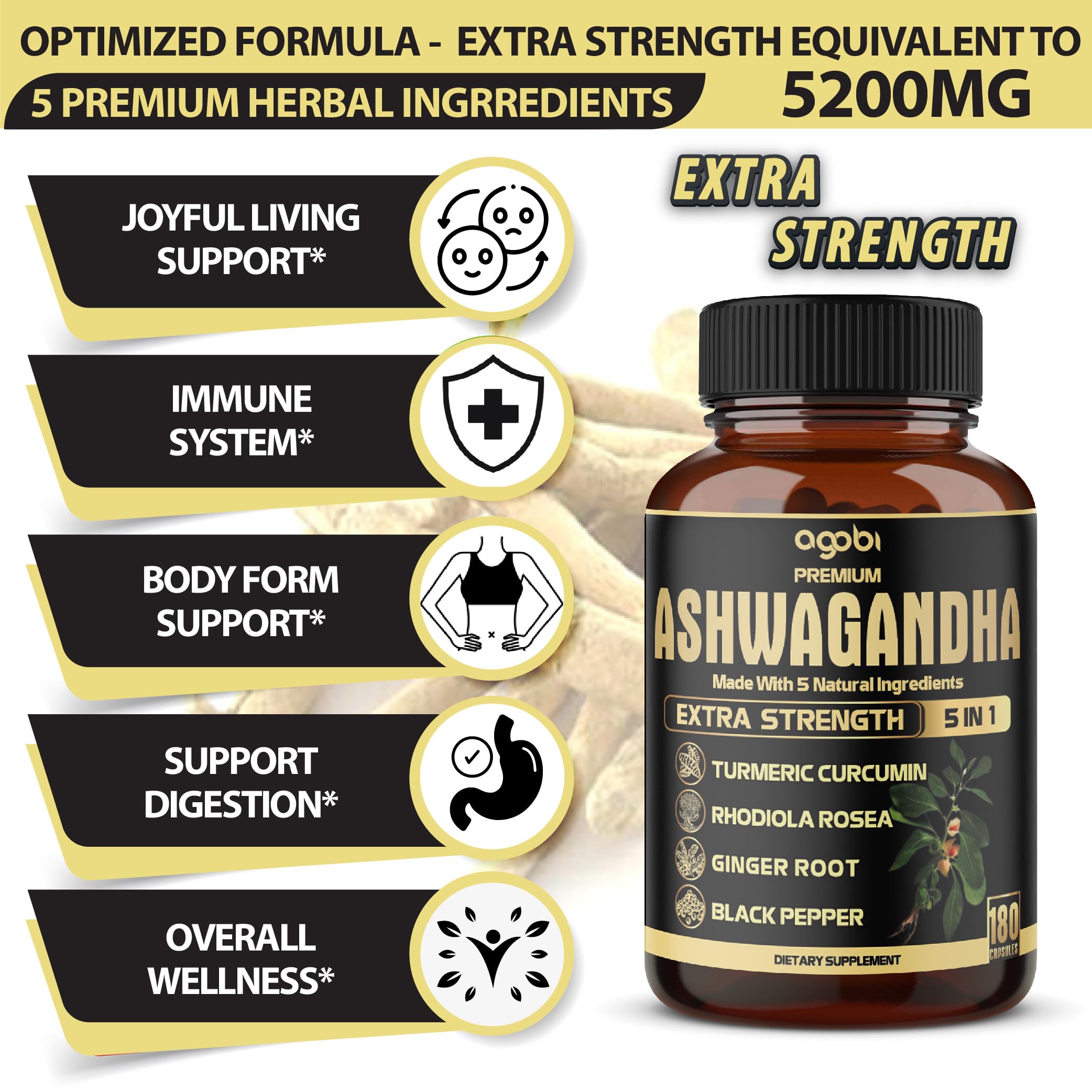 Foto 3 | Cápsulas De Suplemento Agobi Ashwagandha 5 En 1 Con Cúrcuma, 180 Unidades - Venta Internacional.