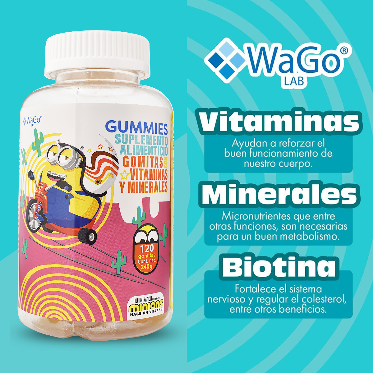 Foto 6 pulgar | Gummies Minions Wago Lab 120 Pzas. Cont. 240g Gomitas Con Vitaminas Y Minerales Para Niños Y Adultos