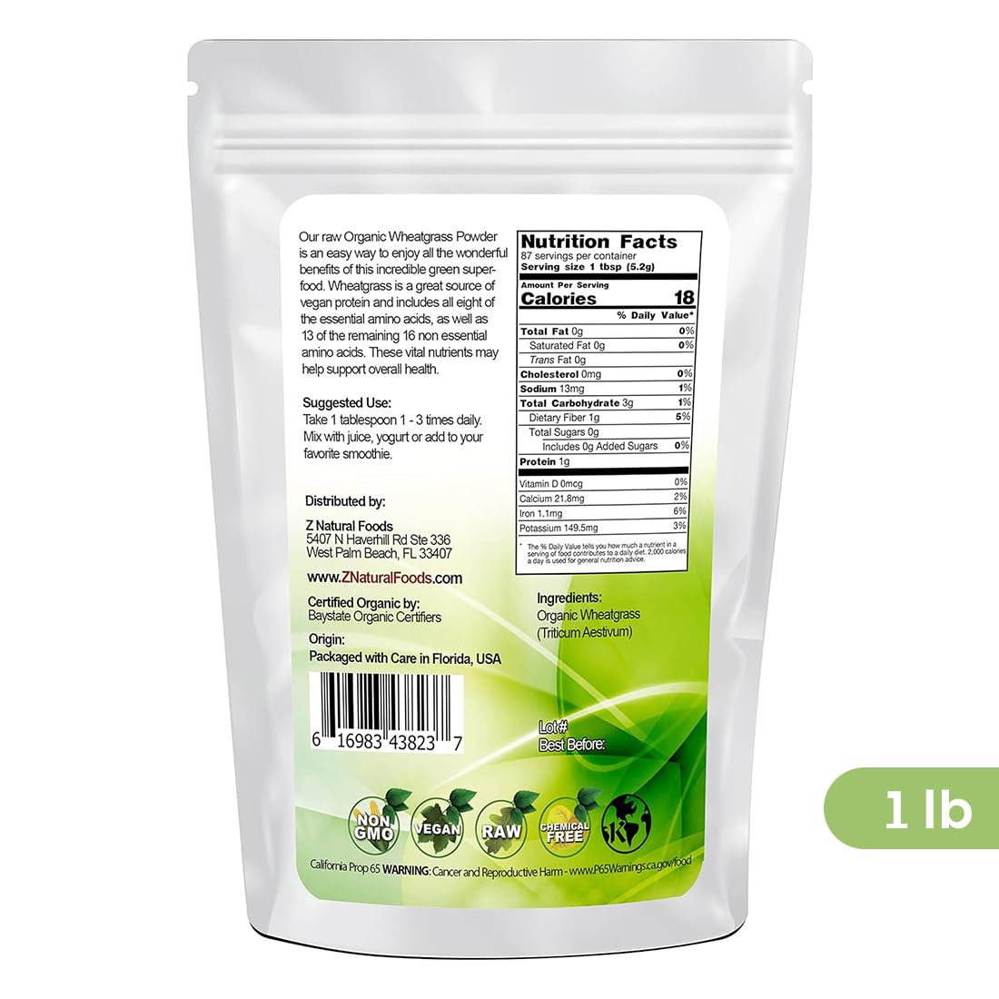 Foto 2 | Hierba De Trigo En Polvo Z Natural Foods, 1 Libra, Orgánico, 87 Porciones - Venta Internacional.