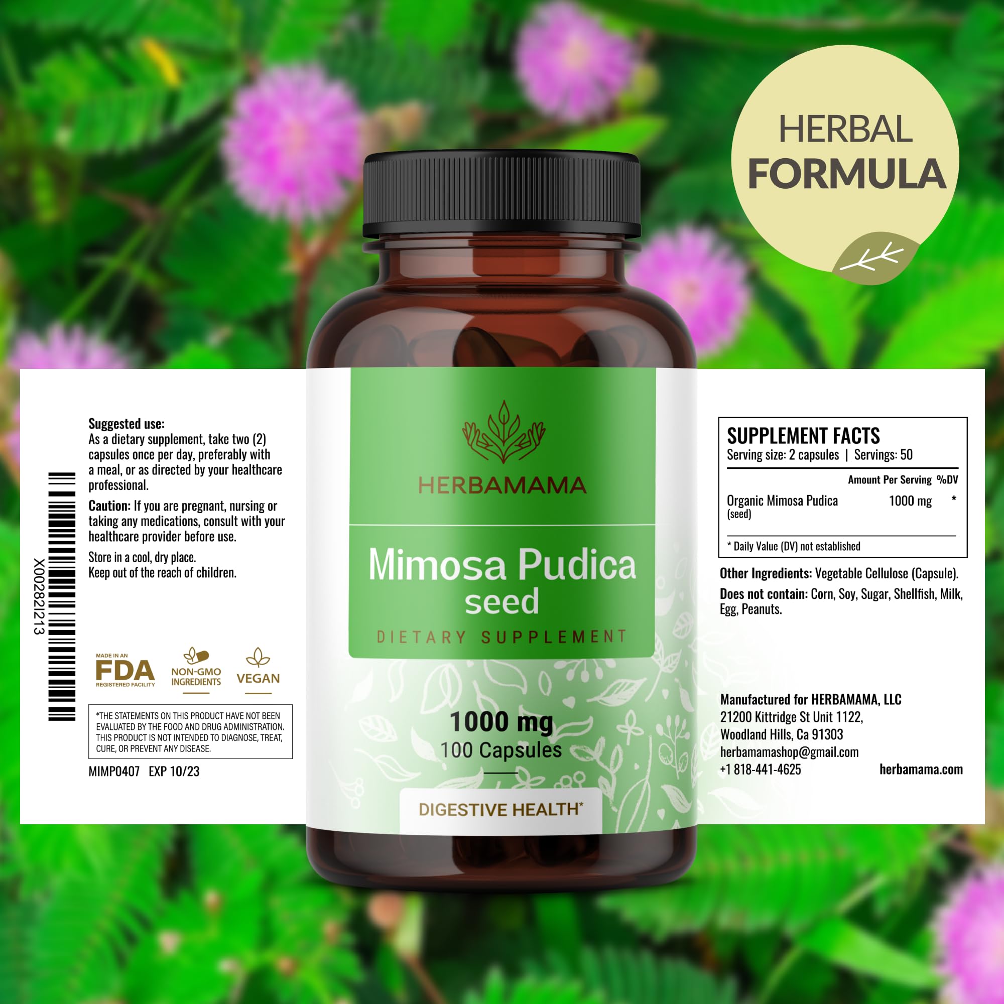 Foto 8 pulgar | Suplemento Herbamama Mimosa Pudica Semilla 1000 Mg 100 Cápsulas - Venta Internacional.
