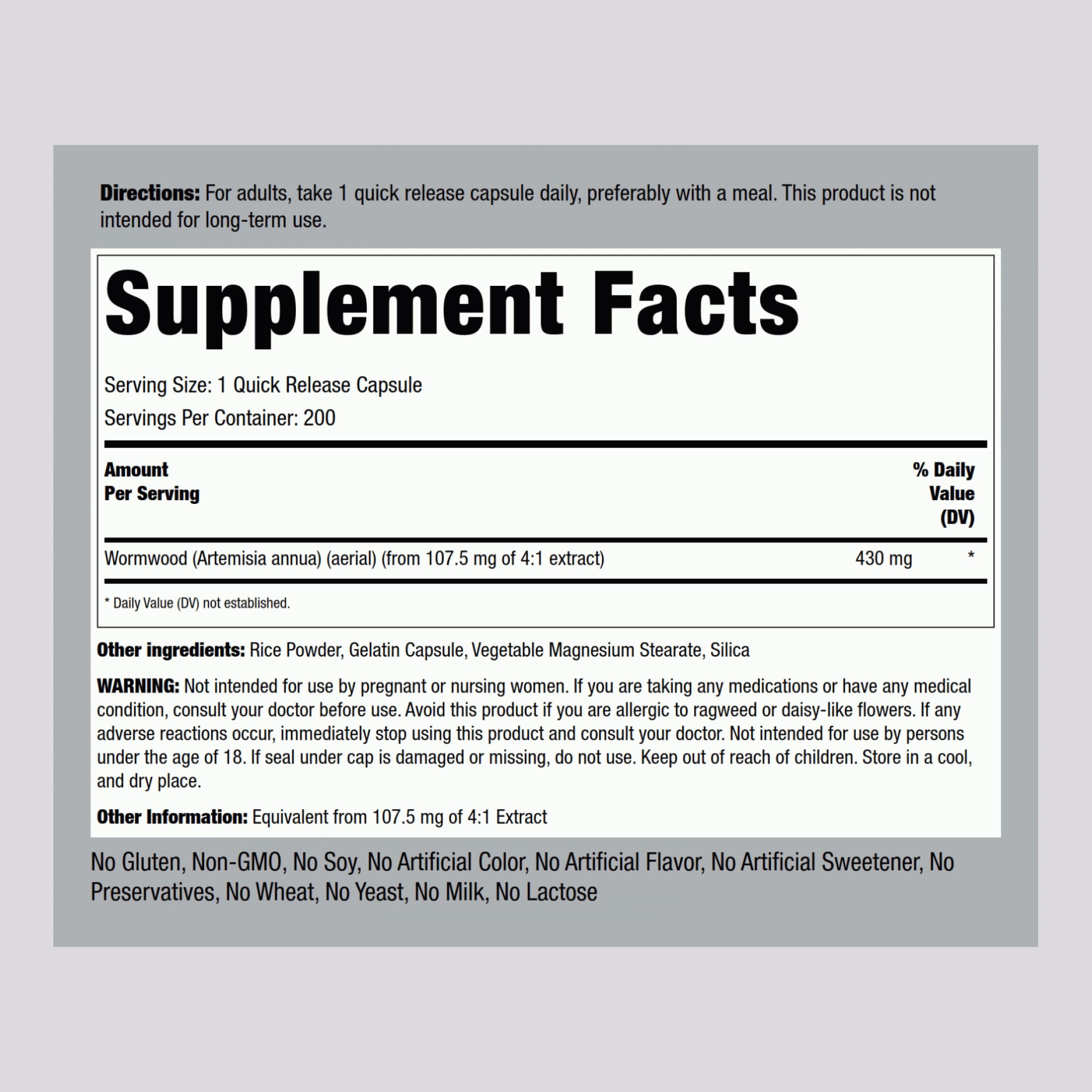 Foto 2 | Suplemento Piping Rock, Cápsulas De Ajenjo, 430 Mg, 200 Unidades - Venta Internacional.