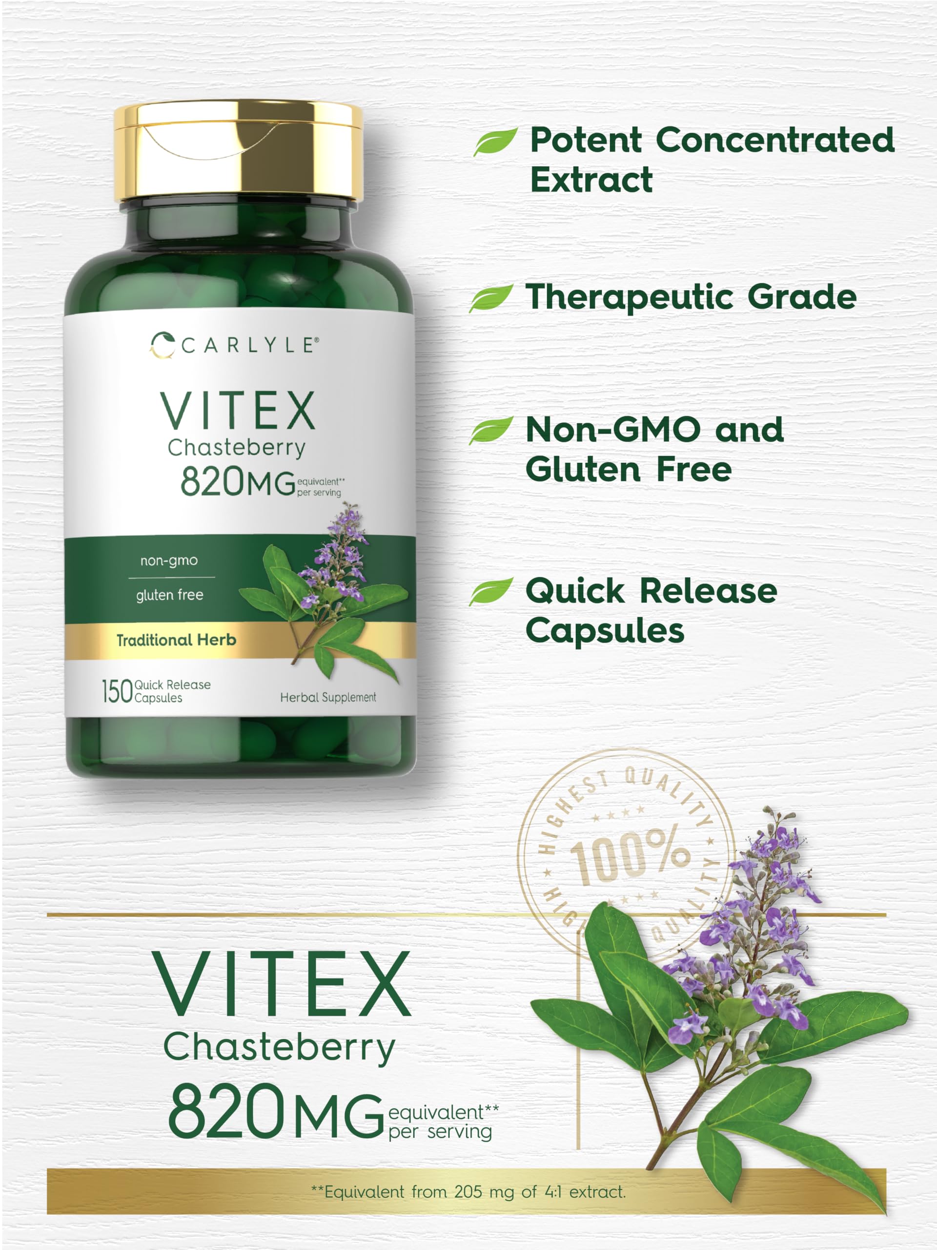 Foto 5 pulgar | Suplemento Carlyle Vitex Sauzgatillo 820 Mg 150 Cápsulas - Venta Internacional.