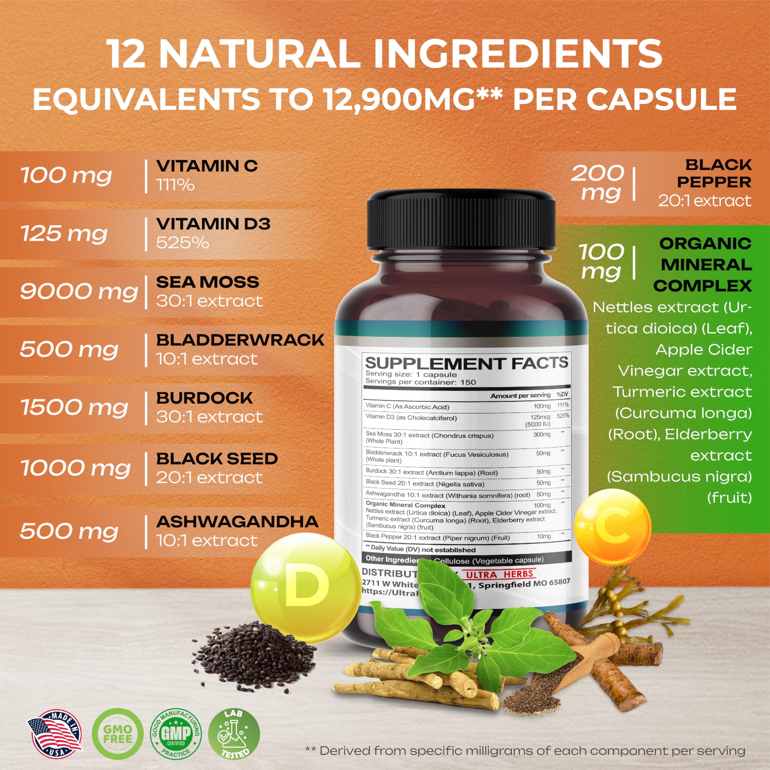Foto 4 pulgar | Suplemento Ultra Herbs Sea Moss De 12,900 Mg Con Aceite De Semilla Negra - Venta Internacional.