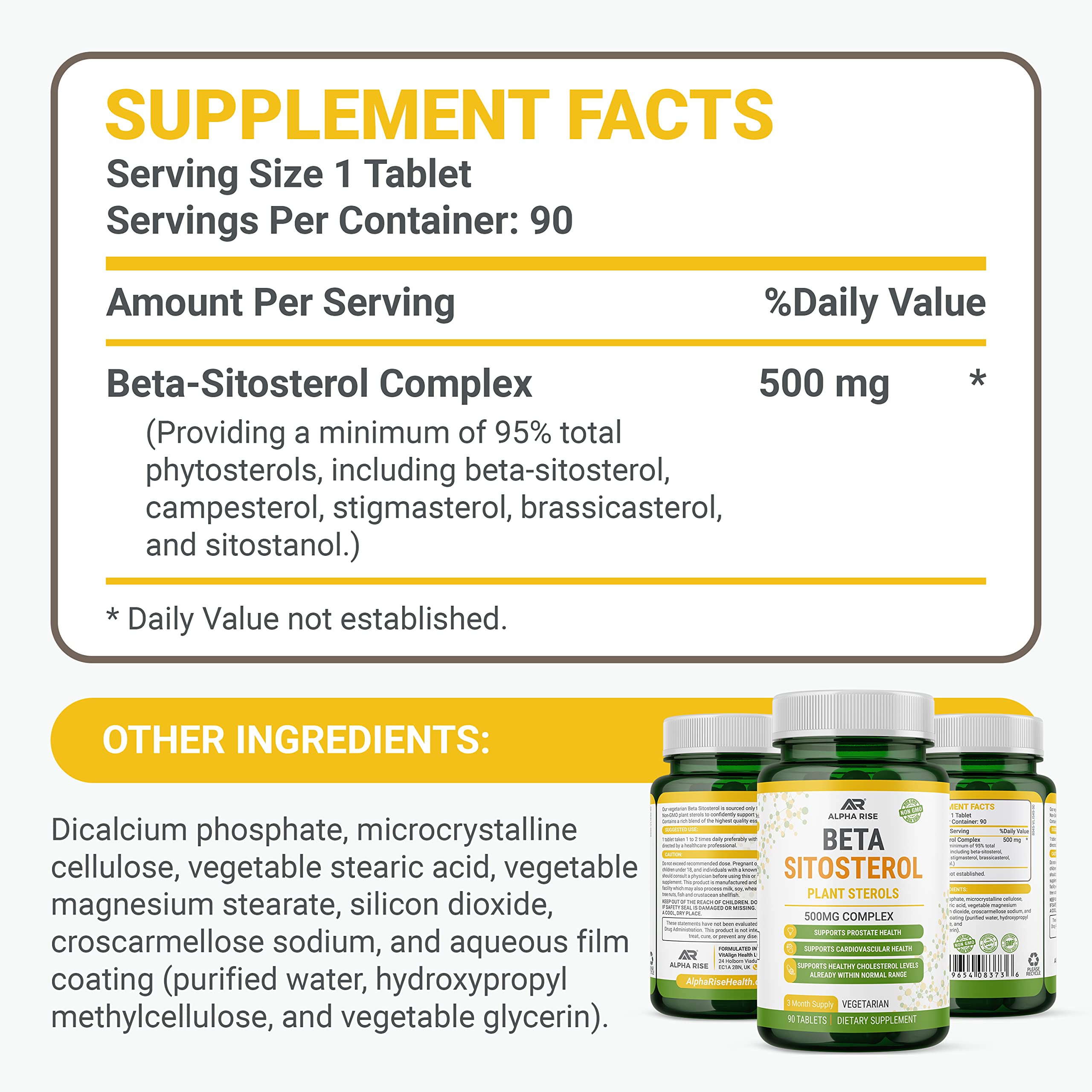 Foto 3 pulgar | Suplemento De Tabletas De Beta Sitosterol Alpha Rise De 500 Mg - Venta Internacional.