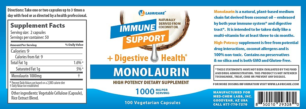 Foto 8 pulgar | Suplemento Lauricare Monolaurin 1000 Mg 100 Cápsulas - Venta Internacional.