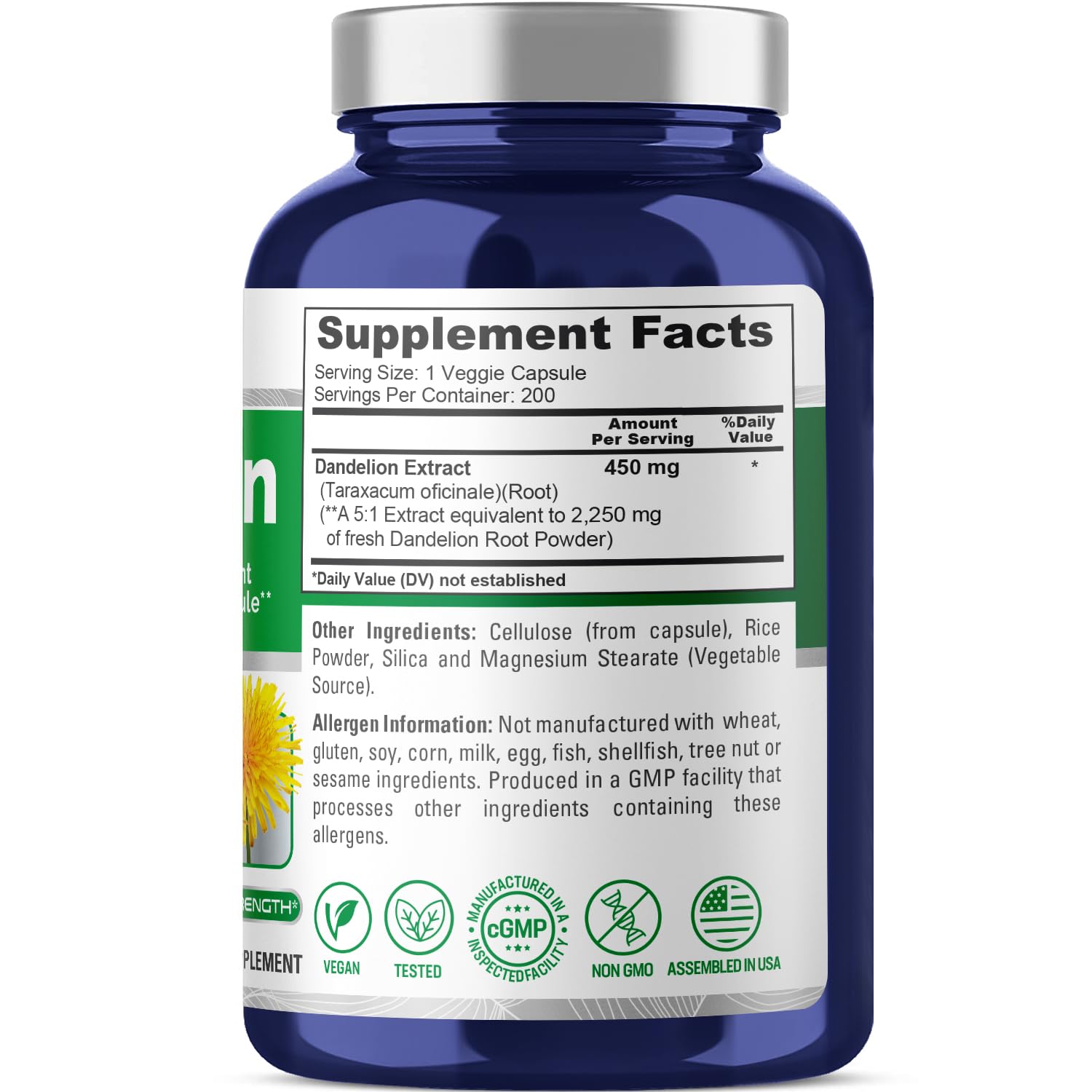 Foto 3 pulgar | Suplemento De Extracto De Raíz De Diente De León Nusapure, 2.250 Mg, 200 Cápsulas - Venta Internacional.