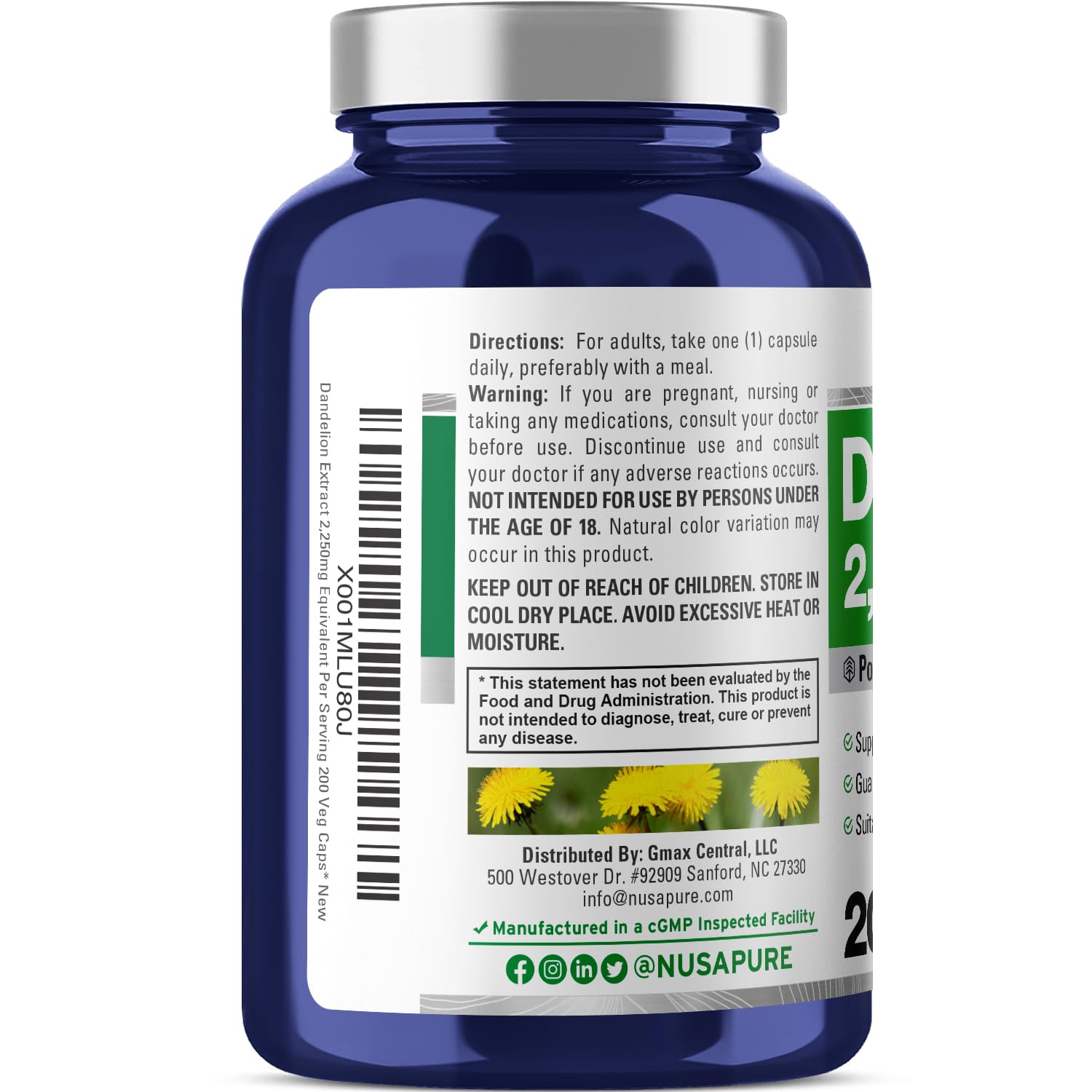 Foto 4 pulgar | Suplemento De Extracto De Raíz De Diente De León Nusapure, 2.250 Mg, 200 Cápsulas - Venta Internacional.