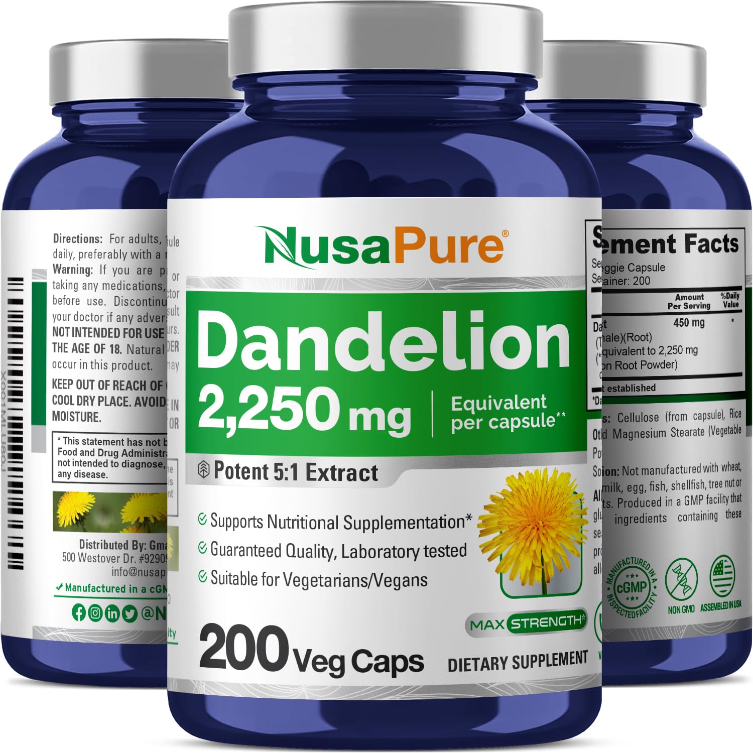 Foto 5 pulgar | Suplemento De Extracto De Raíz De Diente De León Nusapure, 2.250 Mg, 200 Cápsulas - Venta Internacional.