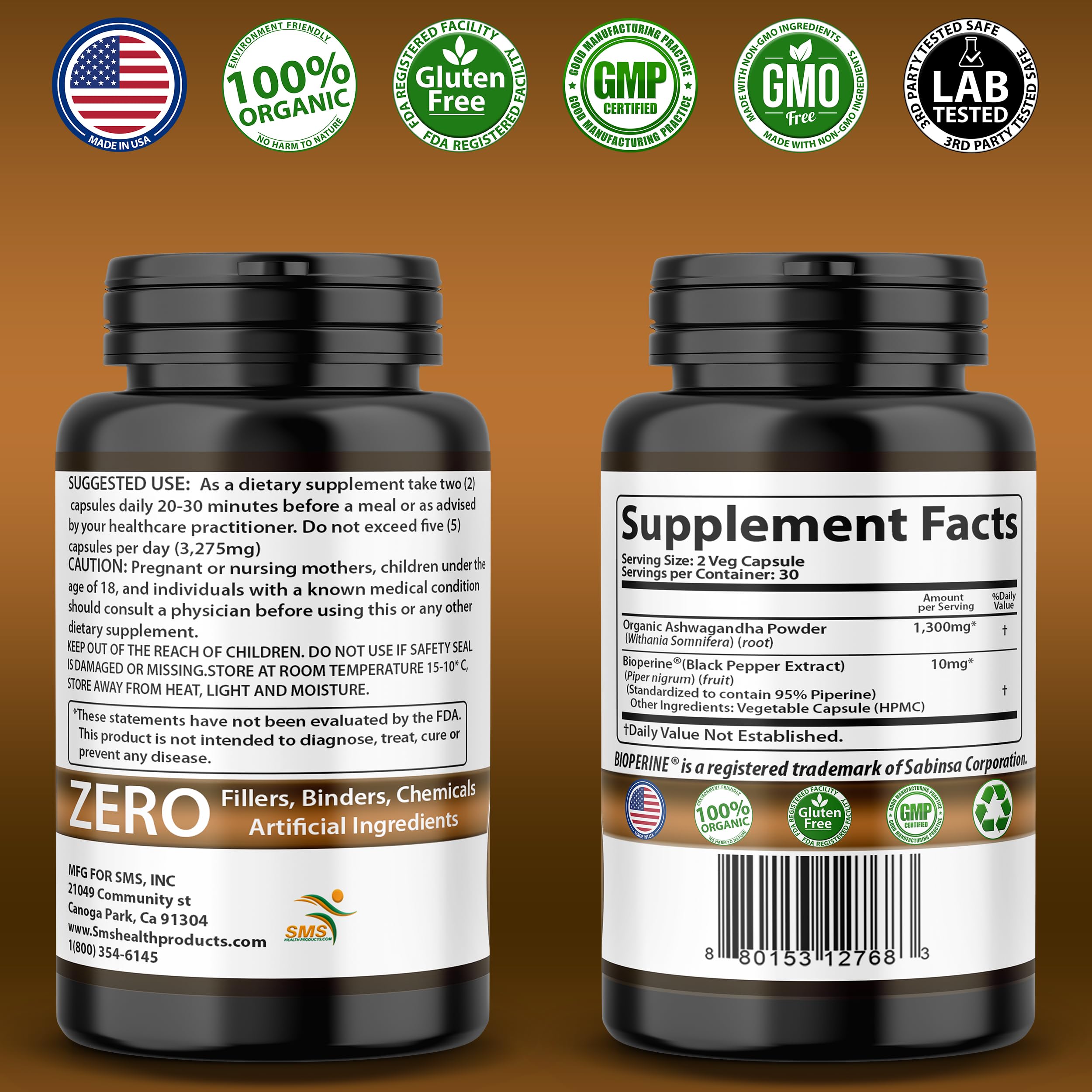 Foto 2 | Suplemento De Ashwagandha En Cápsulas Smshealthproducts 60 Unidades - Venta Internacional.