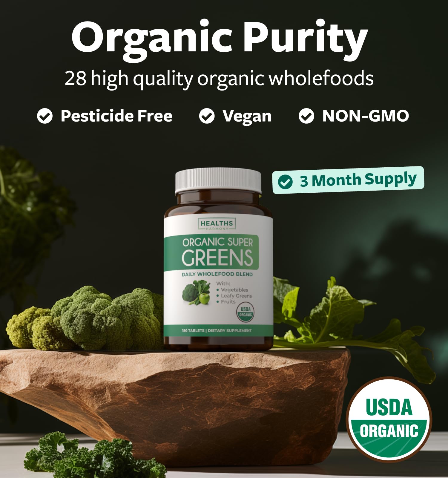 Foto 4 pulgar | Polvo De Verduras Orgánicas Harmony De Supplement Healths, 180 Tabletas - Venta Internacional.