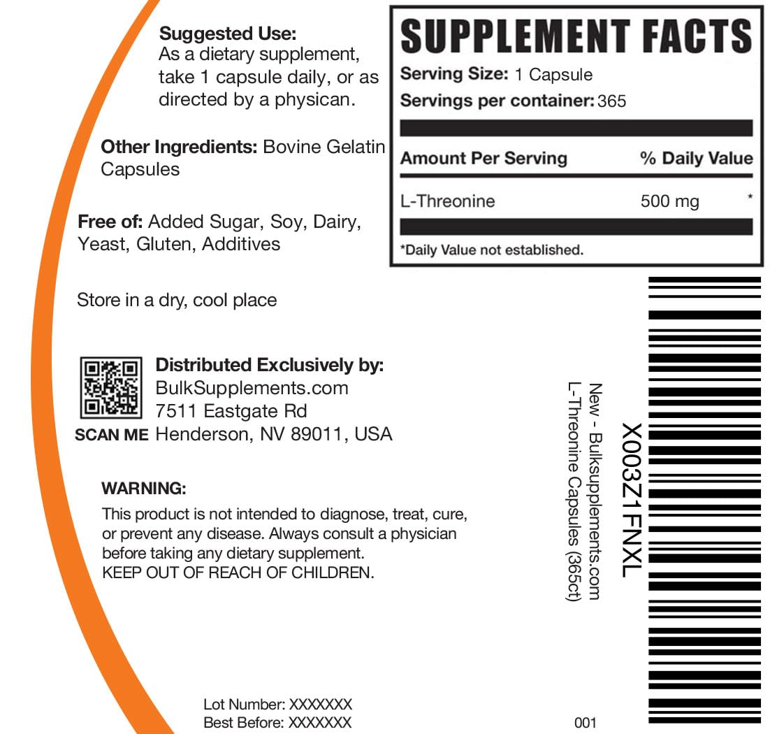 Foto 3 pulgar | Suplemento Bulksupplements.com L-treonina 500 Mg 365 Cápsulas - Venta Internacional.