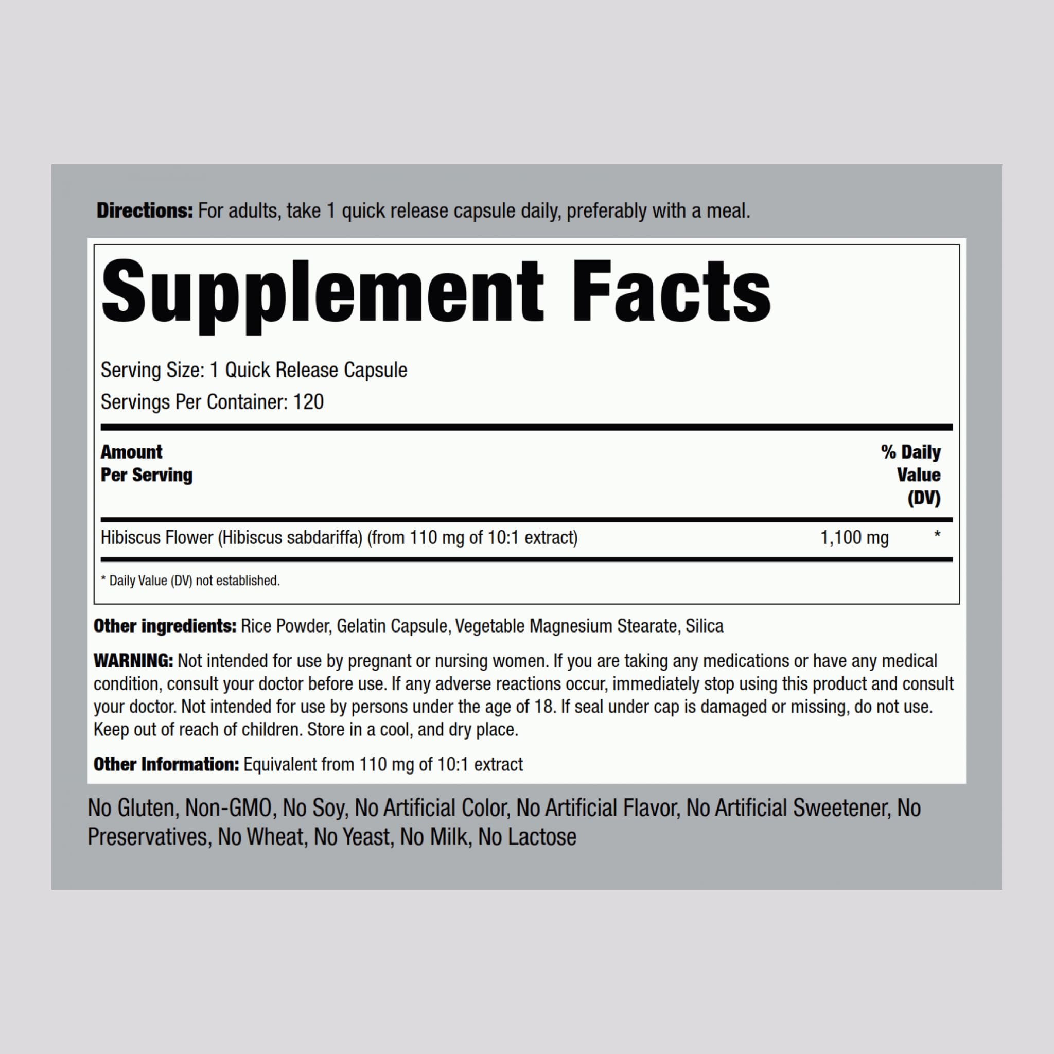 Foto 2 | Suplemento Piping Rock Hibiscus Flowers 1100 Mg 120 Cápsulas - Venta Internacional.
