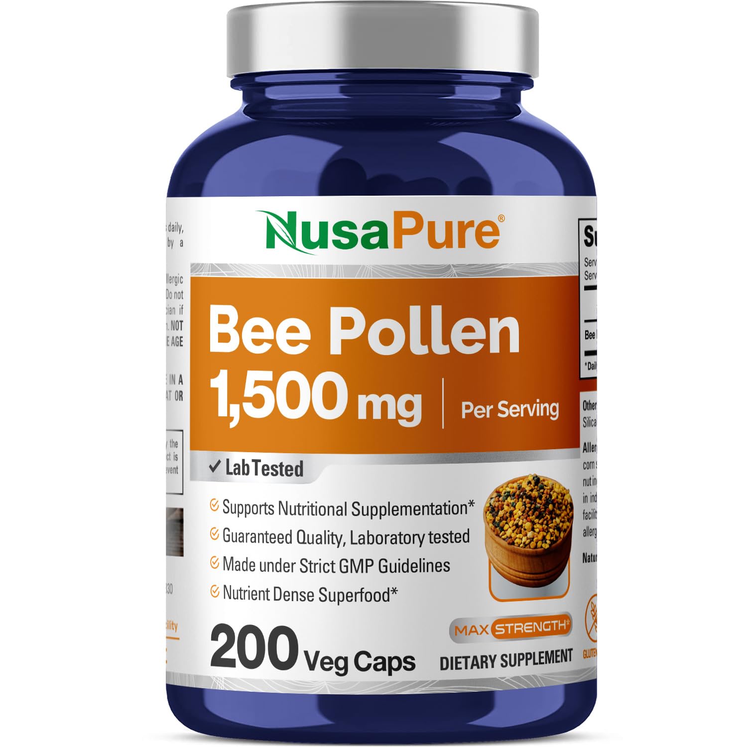 Foto 2 pulgar | Suplemento De Polen De Abeja Nusapure 1500 Mg 200 Cápsulas Vegetarianas - Venta Internacional.