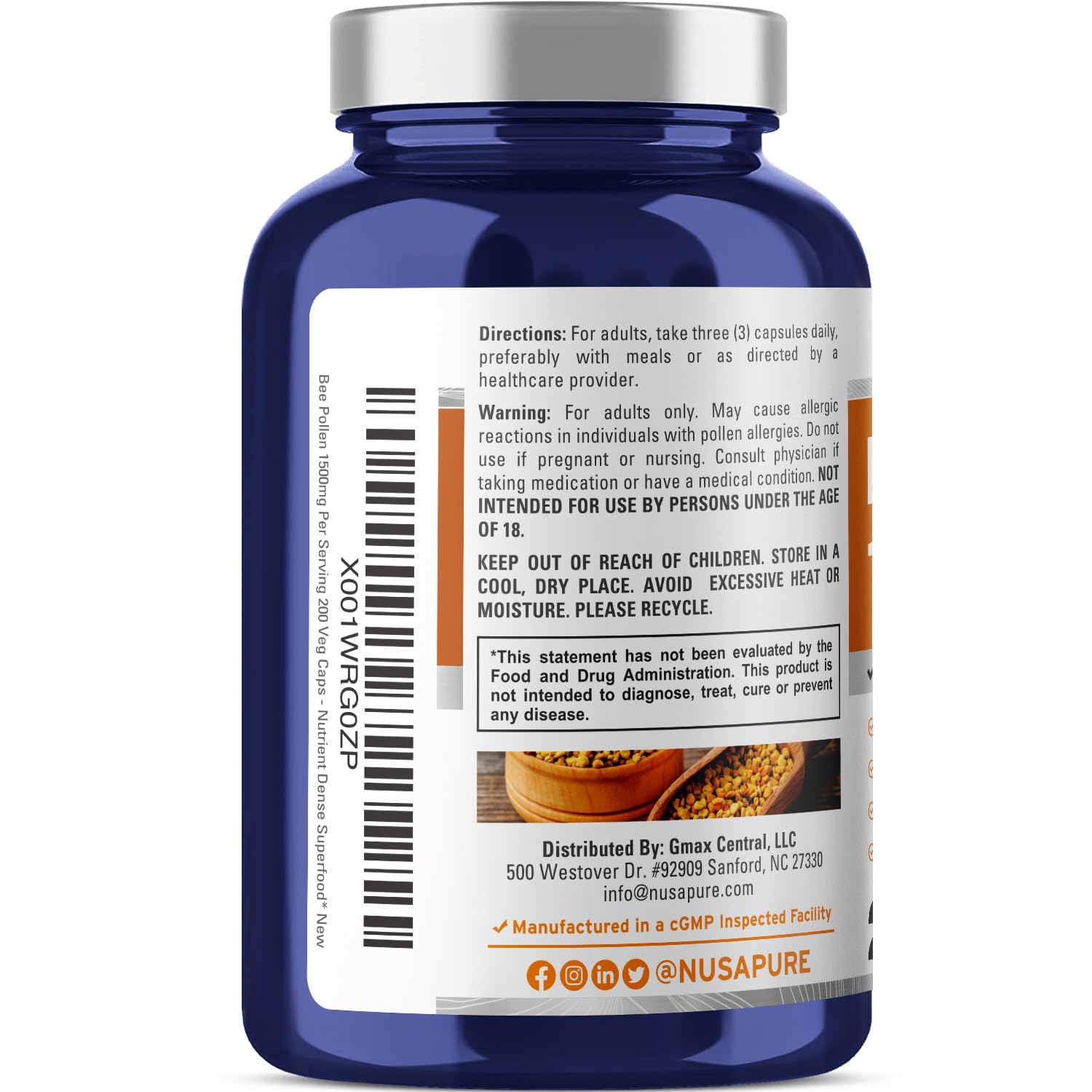 Foto 3 pulgar | Suplemento De Polen De Abeja Nusapure 1500 Mg 200 Cápsulas Vegetarianas - Venta Internacional.