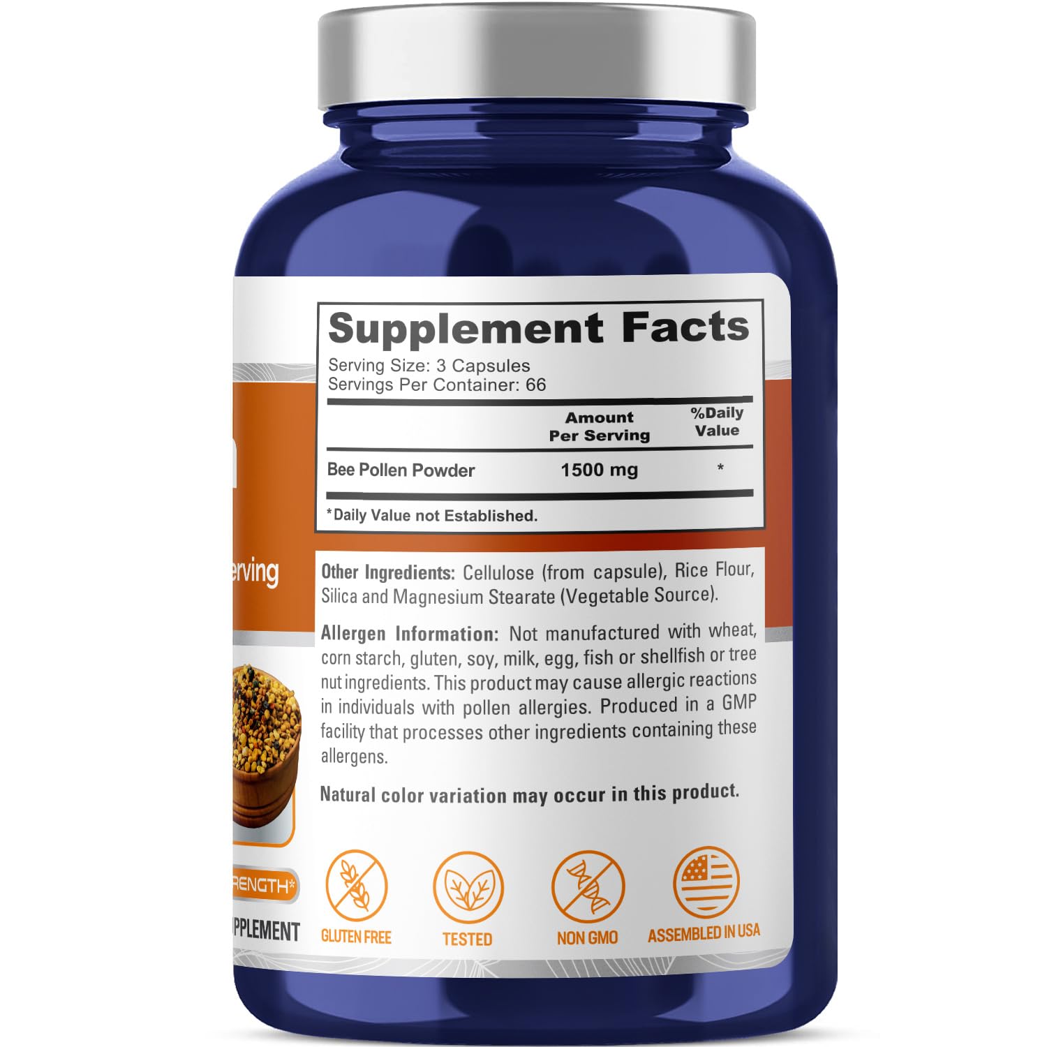 Foto 4 pulgar | Suplemento De Polen De Abeja Nusapure 1500 Mg 200 Cápsulas Vegetarianas - Venta Internacional.