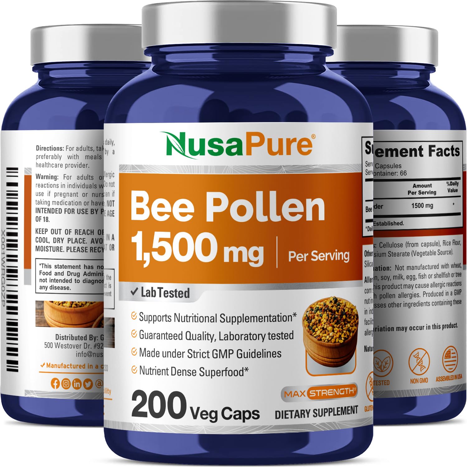 Foto 5 pulgar | Suplemento De Polen De Abeja Nusapure 1500 Mg 200 Cápsulas Vegetarianas - Venta Internacional.