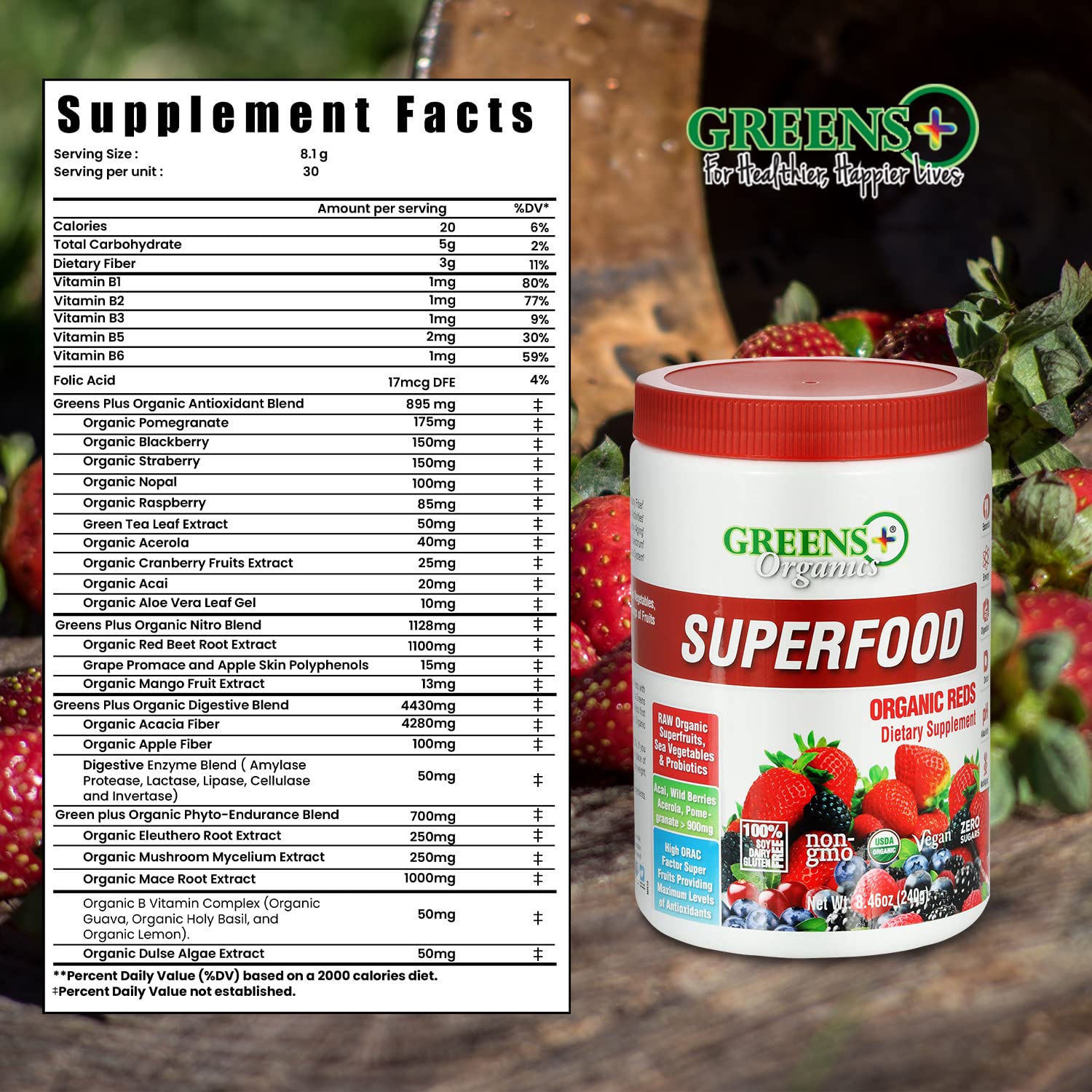 Foto 3 pulgar | Superfood Powder Greens+ Organic Reds Antioxidante 250 Ml - Venta Internacional.
