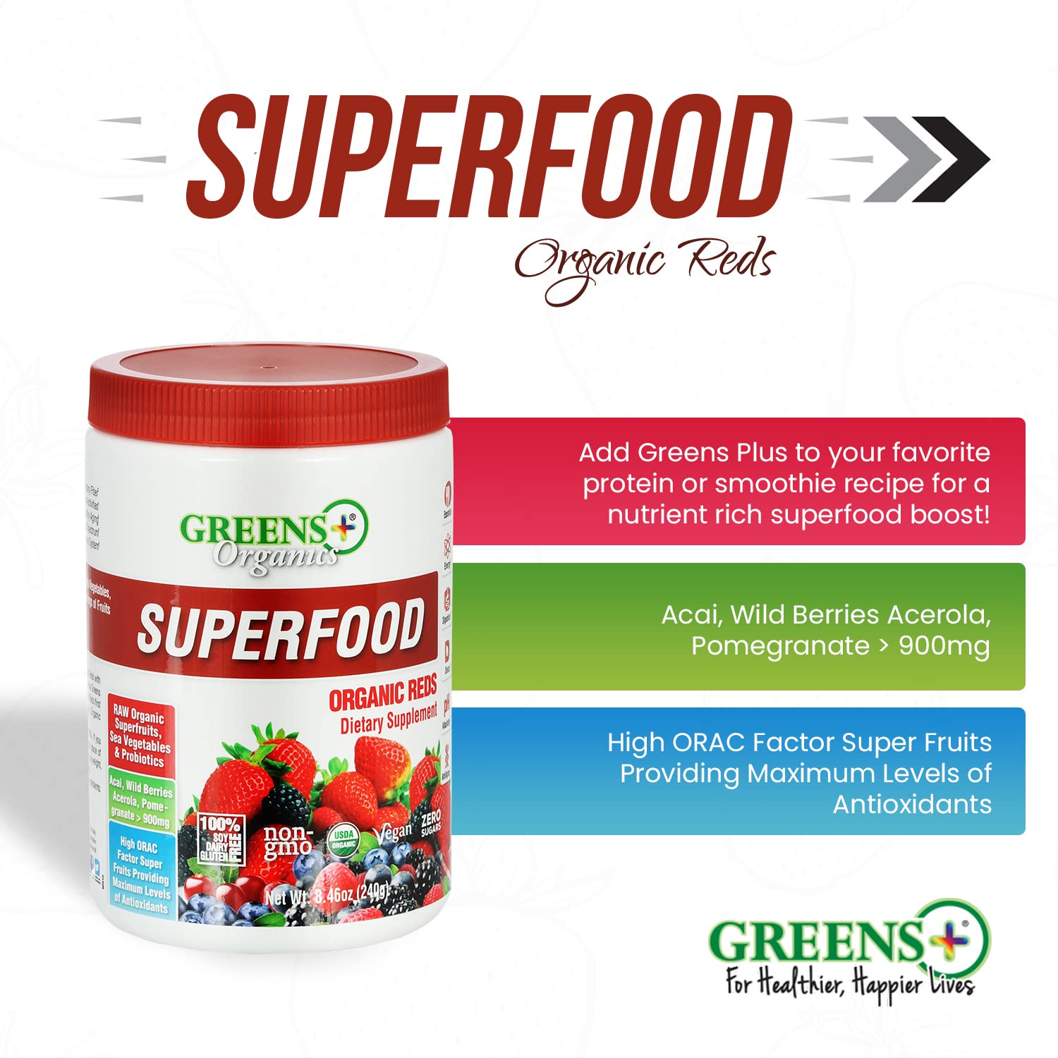 Foto 5 pulgar | Superfood Powder Greens+ Organic Reds Antioxidante 250 Ml - Venta Internacional.