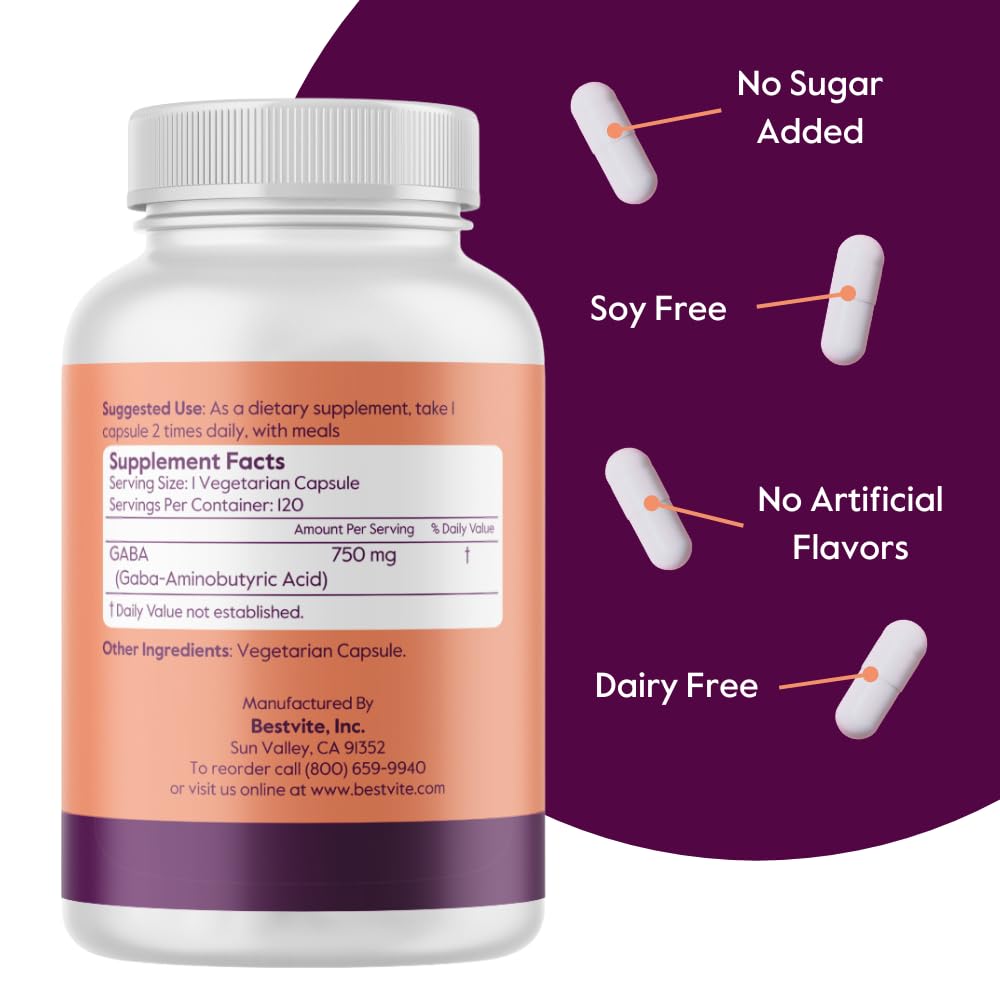 Foto 3 pulgar | Suplemento Bestvite Gaba 750 Mg/cápsula (120 Cápsulas) Vegano - Venta Internacional.