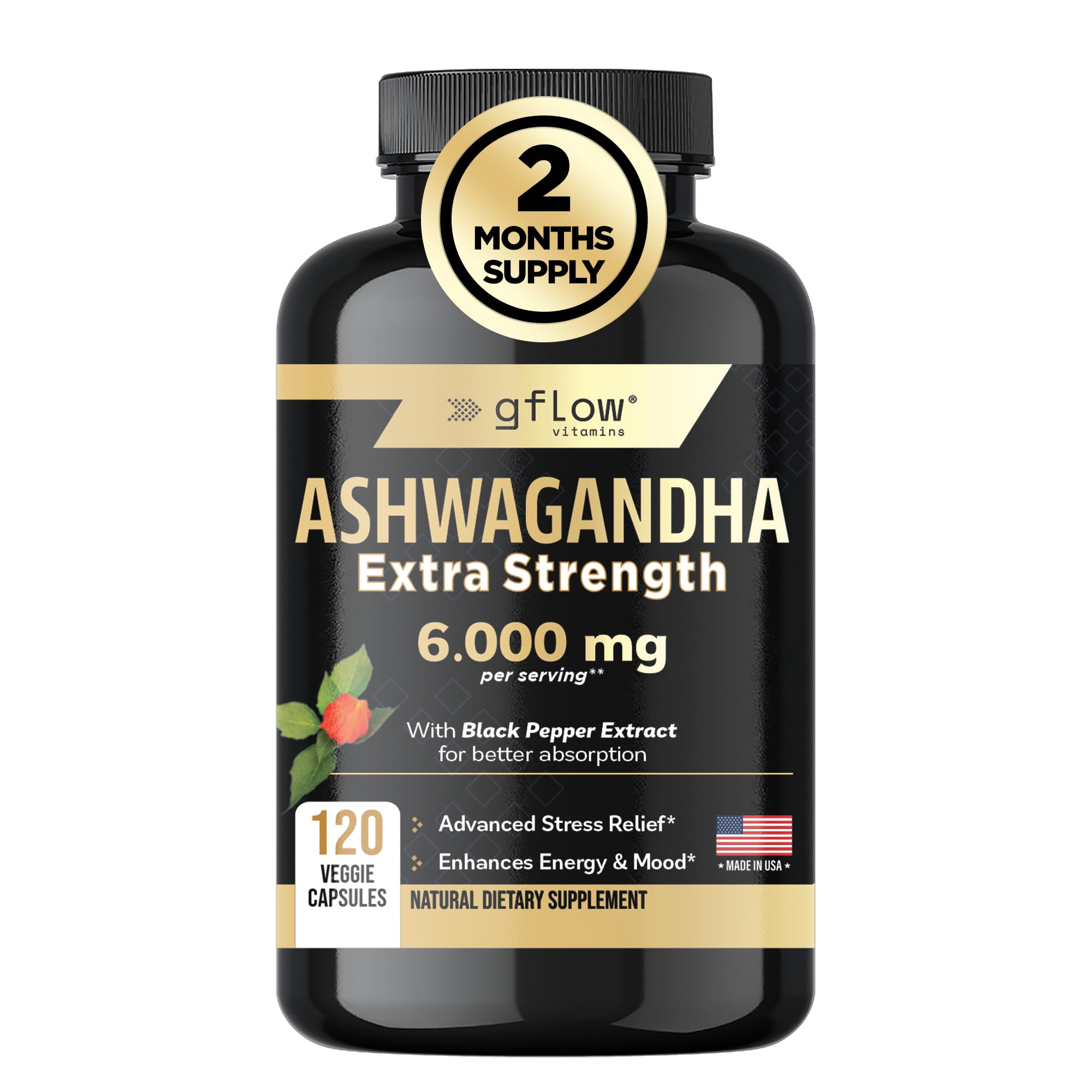 Foto 2 pulgar | Complementa El Flujo De Vitaminas Ashwagandha De 600 Mg Con Pimienta Negra - Venta Internacional.