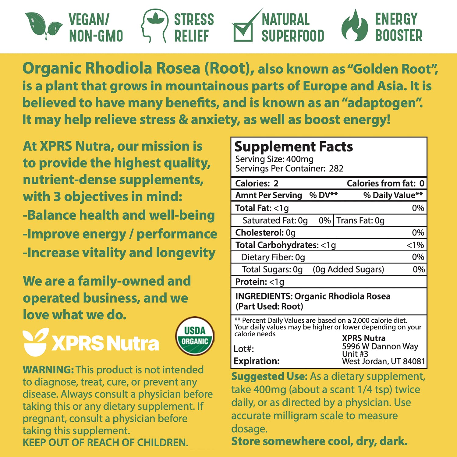 Foto 7 | Suplemento Xprs Nutra Organic Rhodiola Rosea En Polvo 120 Ml - Venta Internacional.