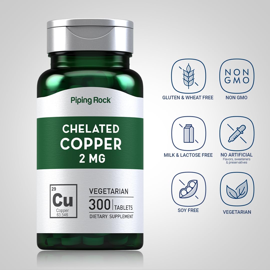 Foto 4 pulgar | Suplemento De Cobre Quelado Piping Rock, 2 Mg, 300 Comprimidos - Venta Internacional.