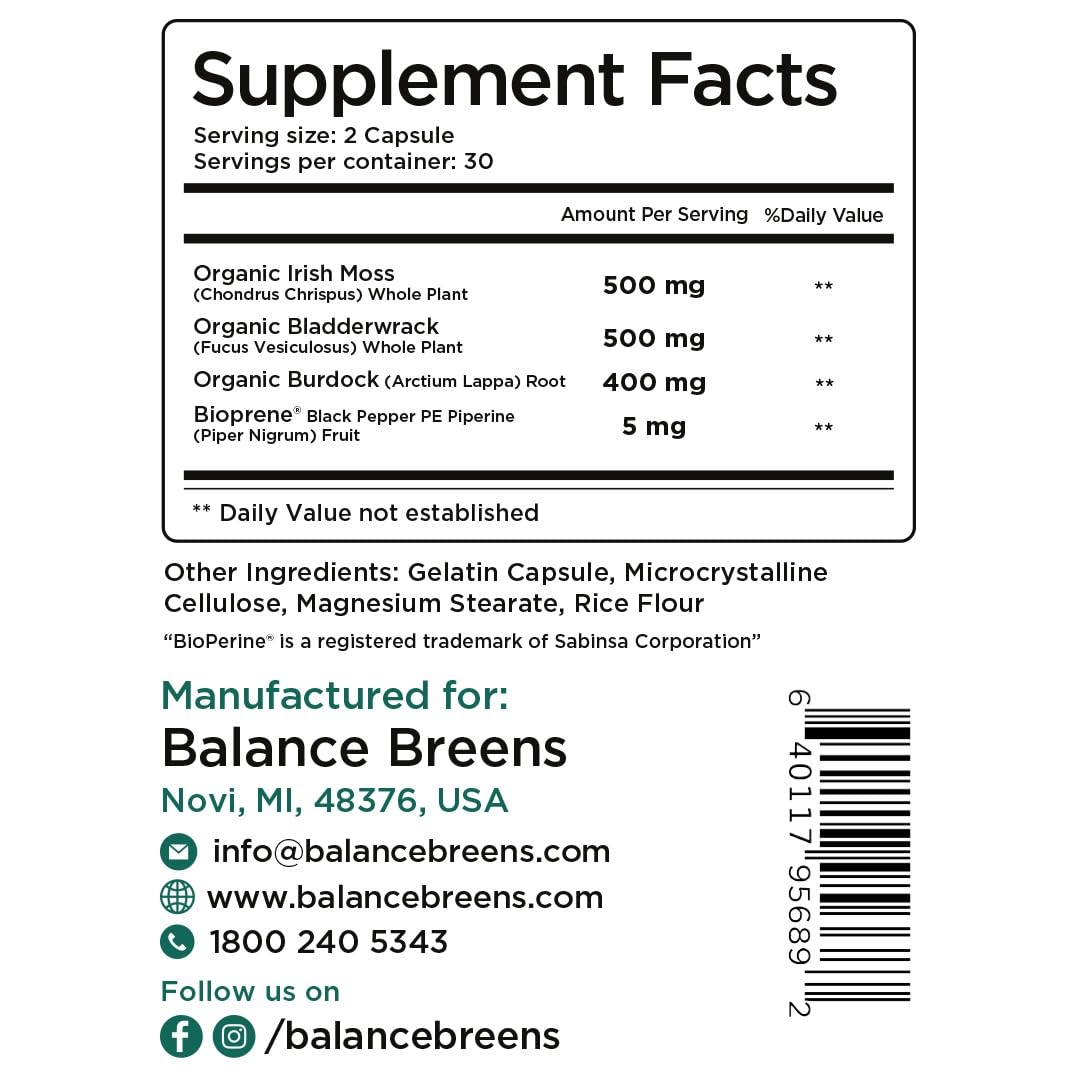 Foto 6 pulgar | Suplemento Balancebreens Organic Irish Sea Moss 60 Cápsulas - Venta Internacional.