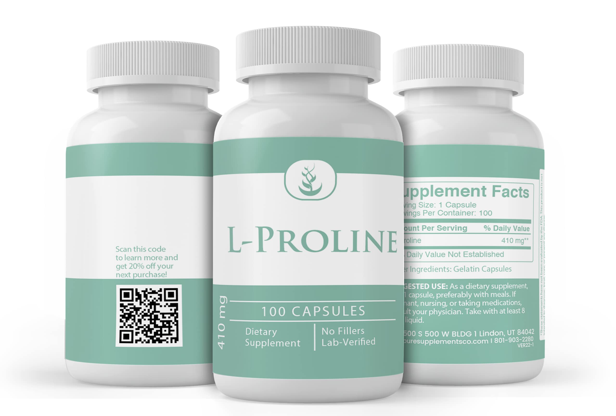 Foto 4 | Suplemento De L-prolina Con Ingredientes Orgánicos Puros, 100 Cápsulas - Venta Internacional.
