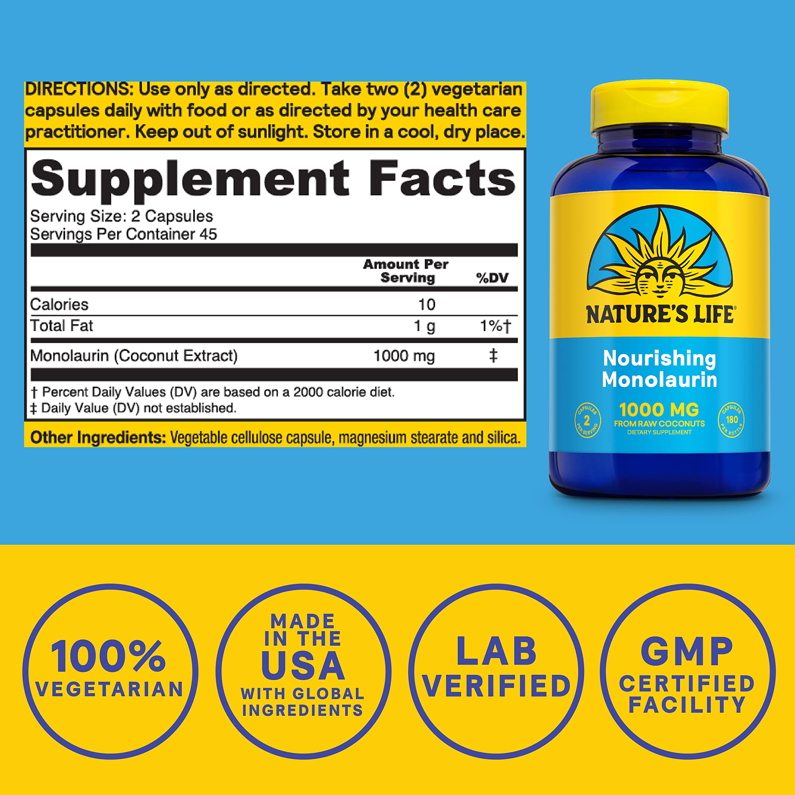 Foto 3 pulgar | Suplemento Nature's Life, Cápsulas De Monolaurina, 1000 Mg, 180 Unidades - Venta Internacional.