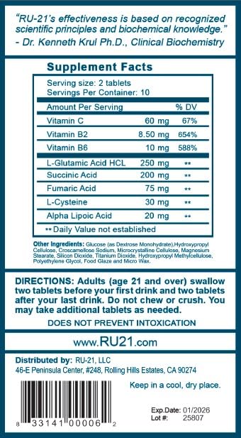 Foto 4 pulgar | Paquete De 20 Píldoras De Suplemento Dietético Ru-21 Para Consumidores De Alcohol - Venta Internacional.
