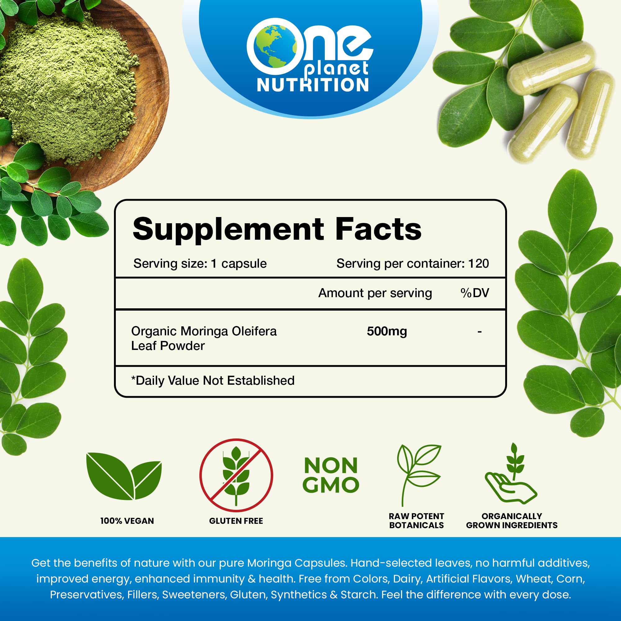 Foto 4 pulgar | Suplemento De Moringa Orgánica One Planet Nutrition 500 Mg X120 - Venta Internacional.