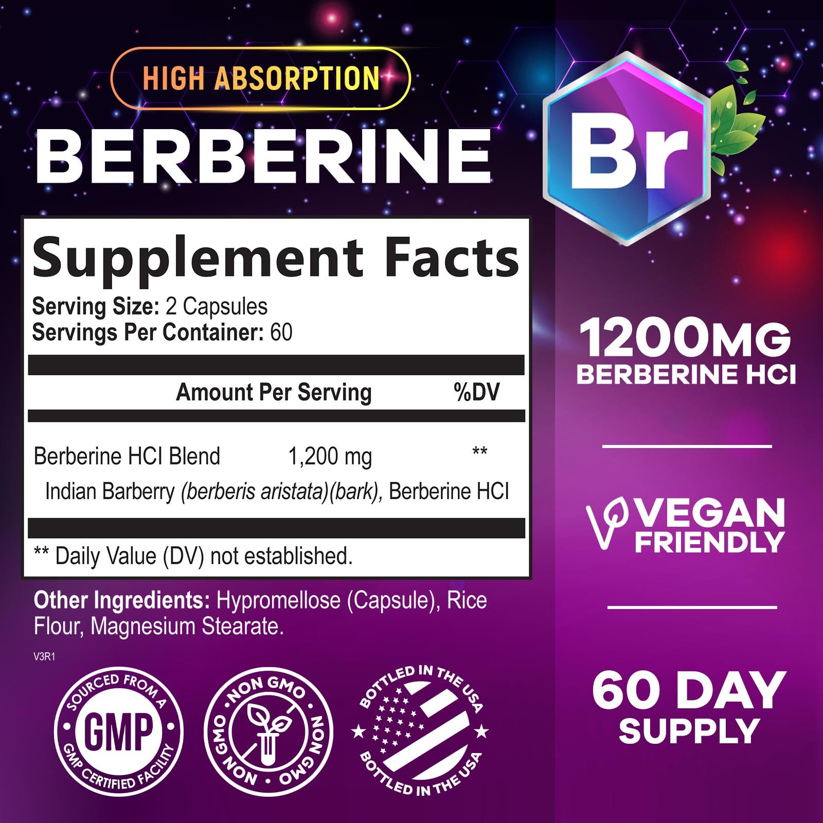 Foto 3 pulgar | Suplemento Nature's Nutrition Berberine Hcl 1200 Mg 120 Cápsulas - Venta Internacional.